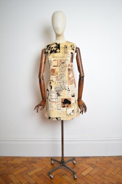 MOSCHINO Cheap & Chic Antique Newspaper print 1990s Off white velvet shift dress