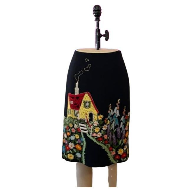 Moschino Cheap Chic Black Embroidered House Pencil Skirt For Sale