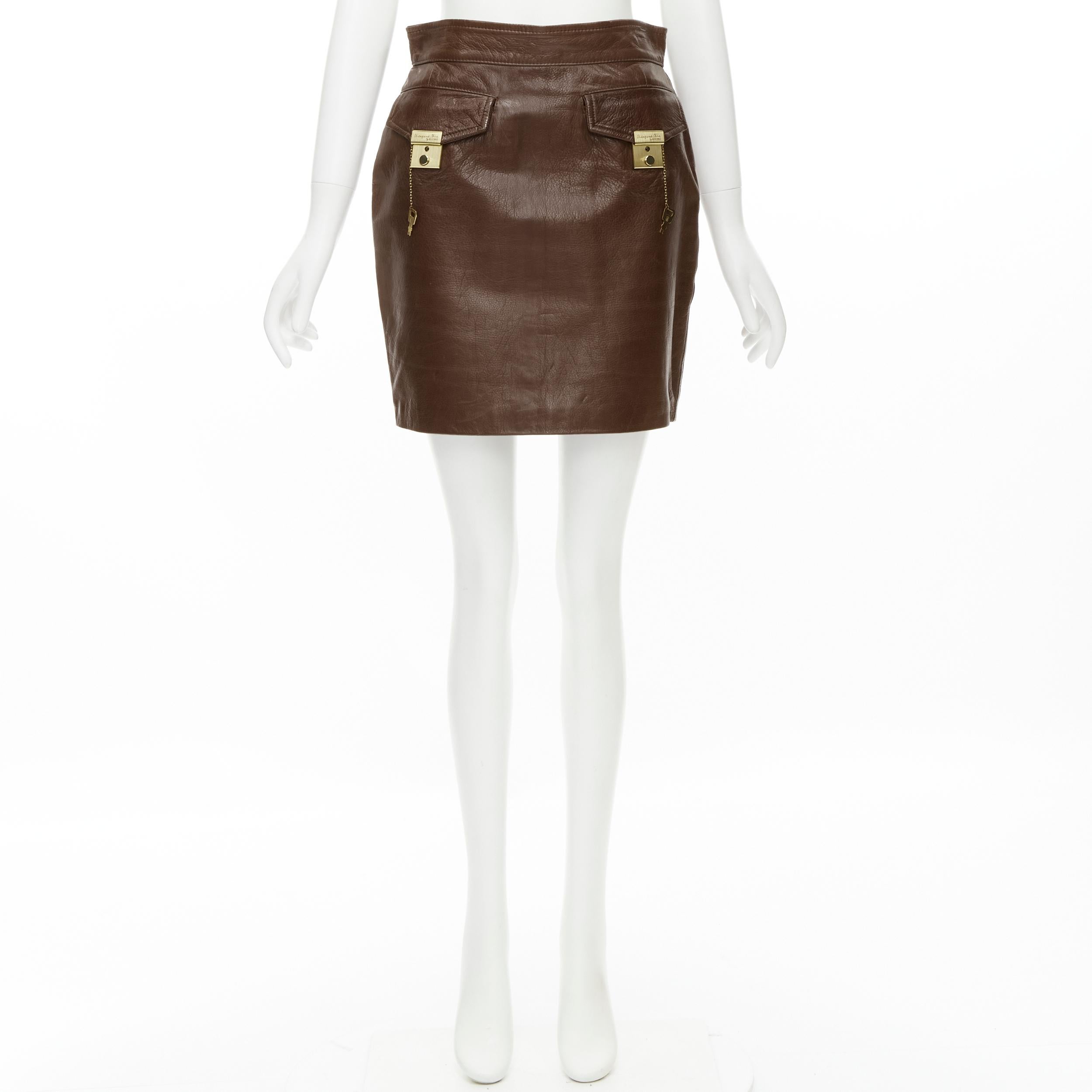 MOSCHINO Cheap Chic brown gold leather key lock flap pocket skirt S 4