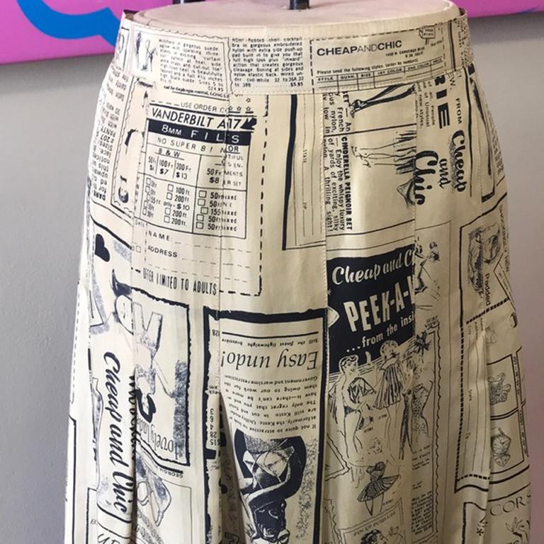 Moschino cheap chic comic print skirt pleated

Unique pleated skirt is made of silk and has comic / newspaper print design by Moschino Cheap and Chic. Pair with a classic black twin set and heels for a nice outfit.
Brand runs small
Size 8
Across