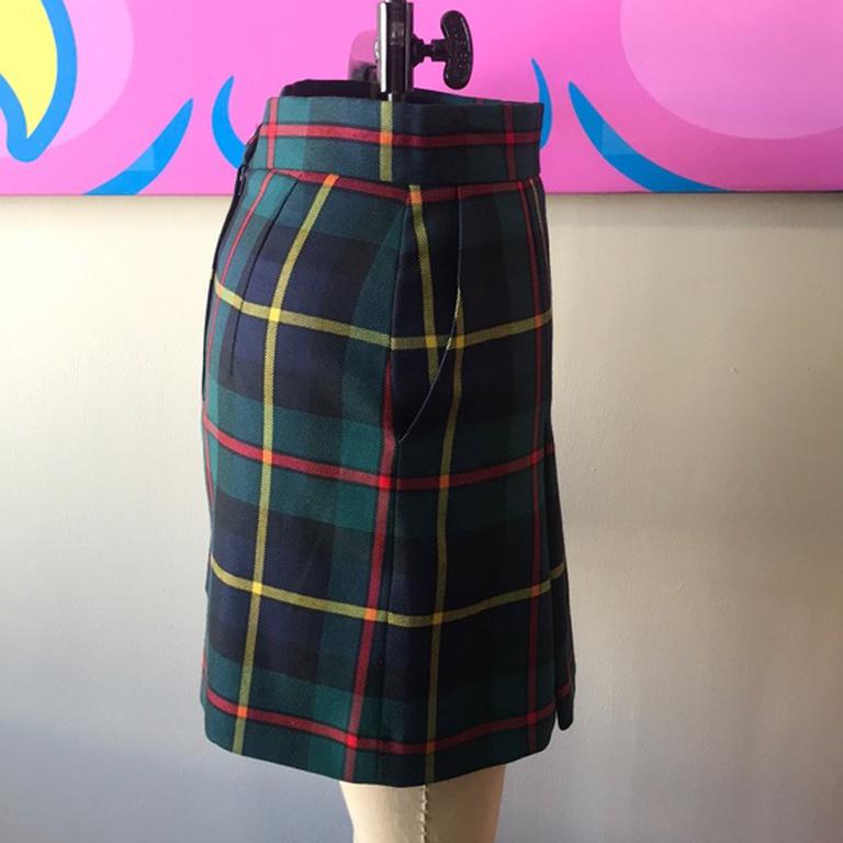 Black Moschino Cheap Chic Green Wool Plaid Skirt For Sale