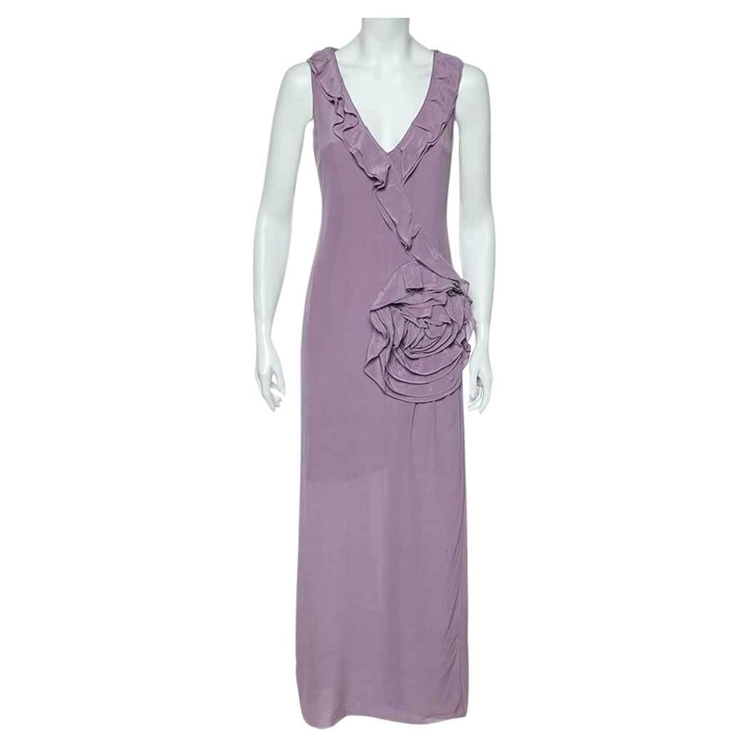 Moschino Cheap & Chic Lilac Silk Chiffon Rose Floral Draped Slit Detail Maxi Dre For Sale