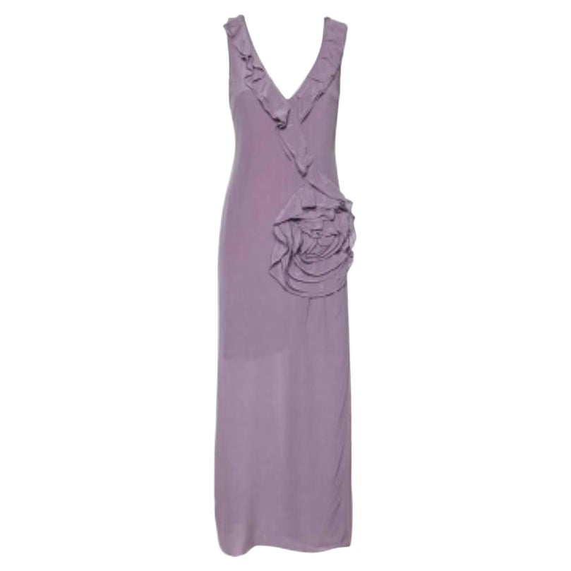 Moschino Cheap 
Chic Lilac Silk Chiffon Rose Floral Draped Slit Maxi Dress M