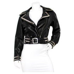 Moschino Cheap & Chic Peace Sign Studded Belted Black Leather Jacket