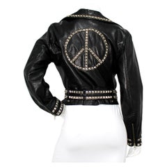 Moschino Cheap & Chic Peace Sign Studded Belted Black Leather Jacket