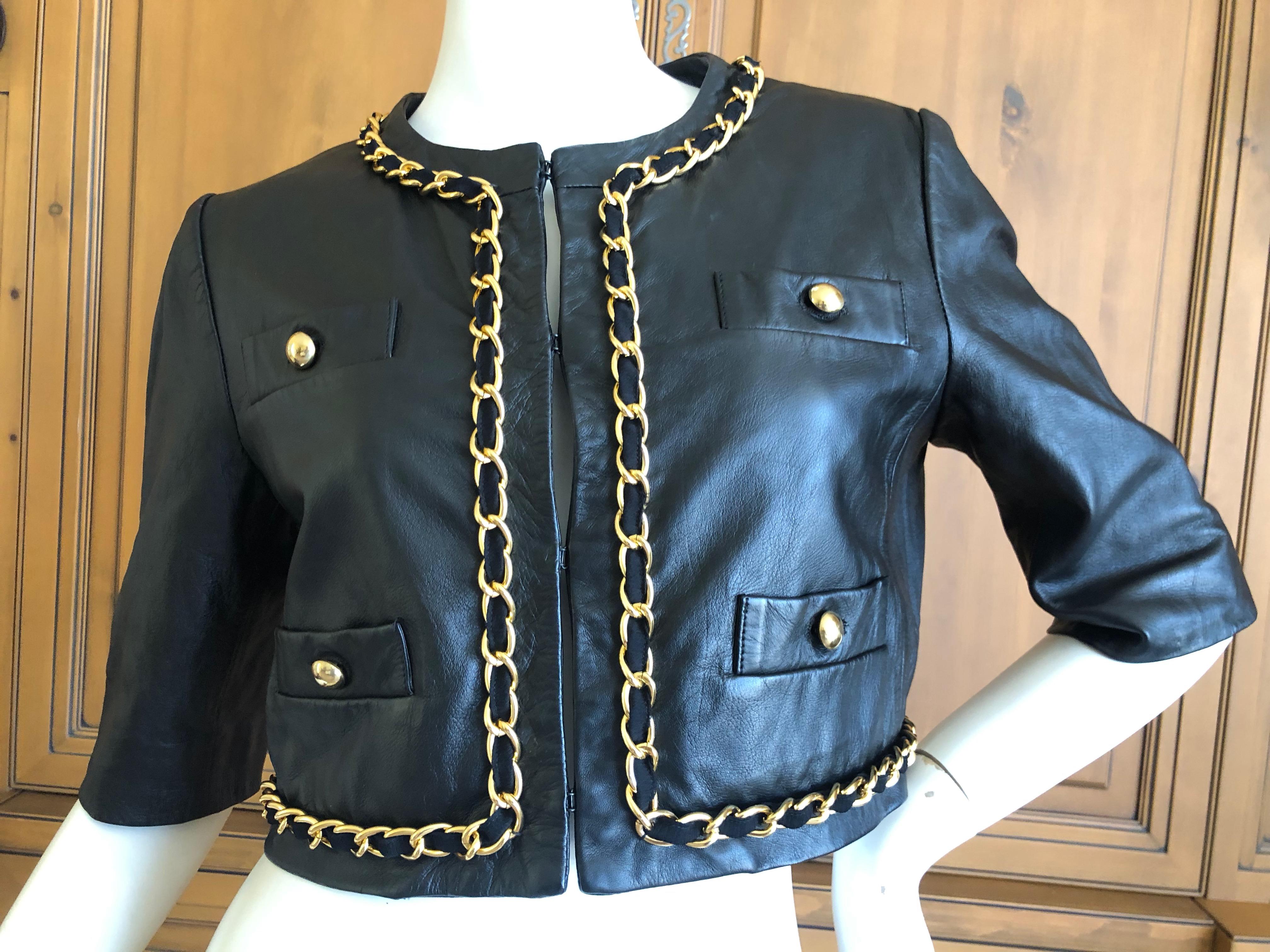 Moschino Cheap & Chic Vintage Cropped Black Lambskin Jacket with Gold Chain 
Size 10 US
Bust 38