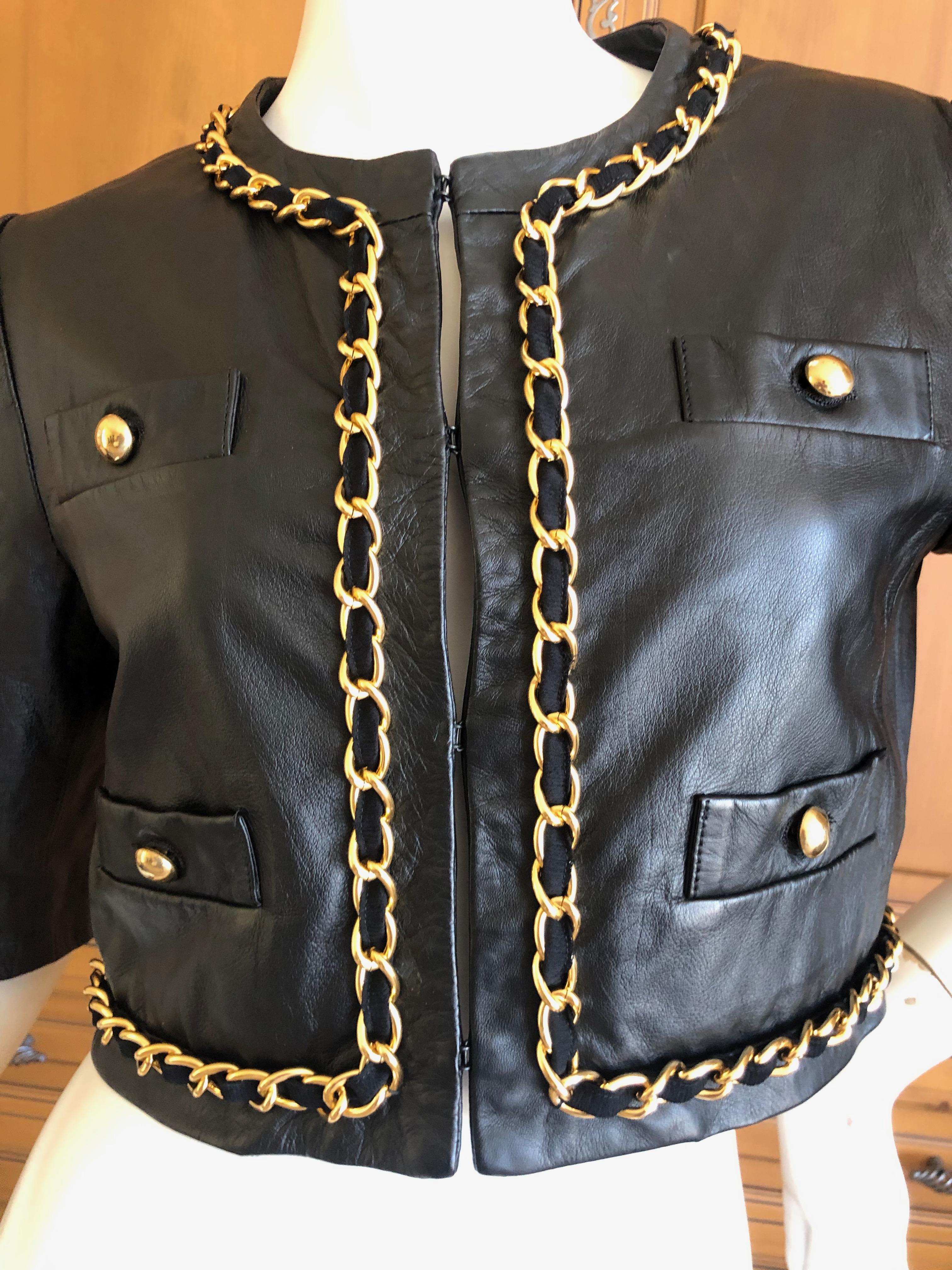 Moschino Cheap & Chic Vintage Cropped Black Lambskin Jacket with Gold Chain  In Excellent Condition For Sale In Cloverdale, CA