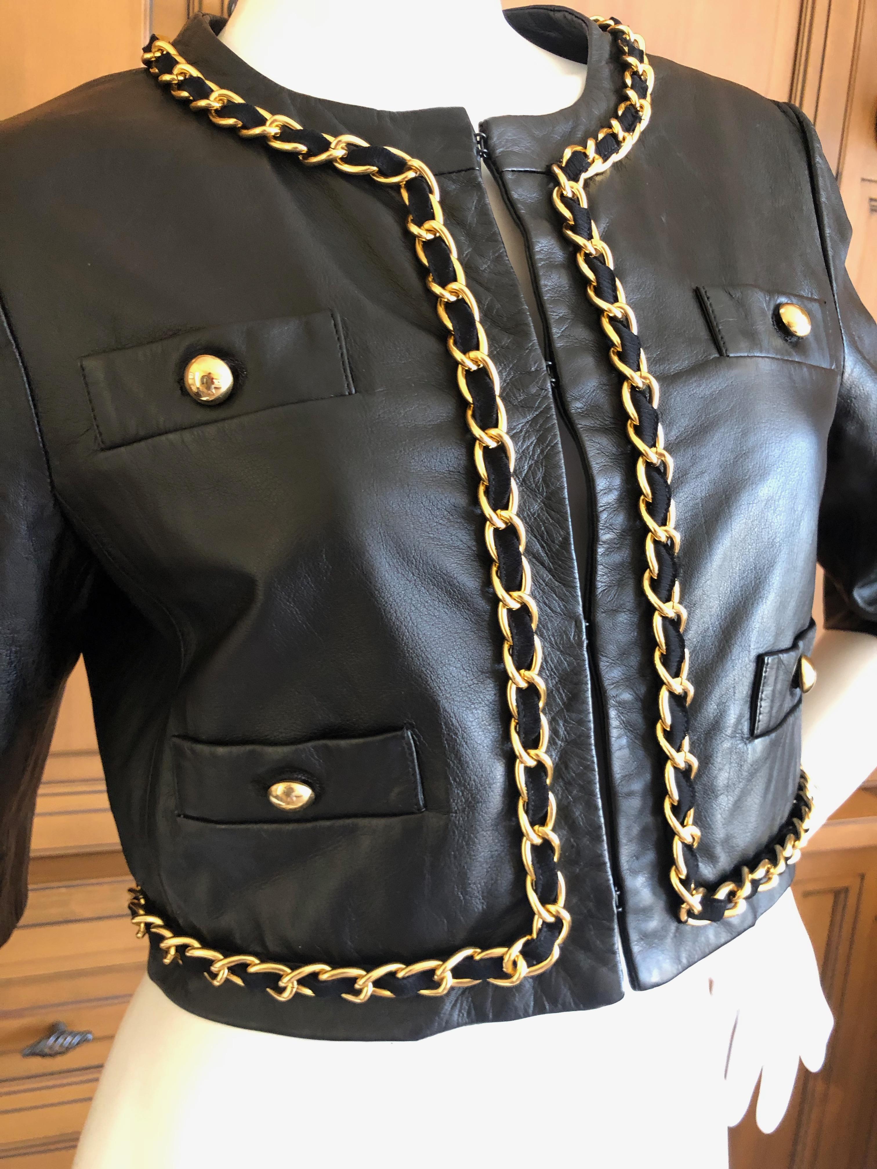 Women's Moschino Cheap & Chic Vintage Cropped Black Lambskin Jacket with Gold Chain  For Sale