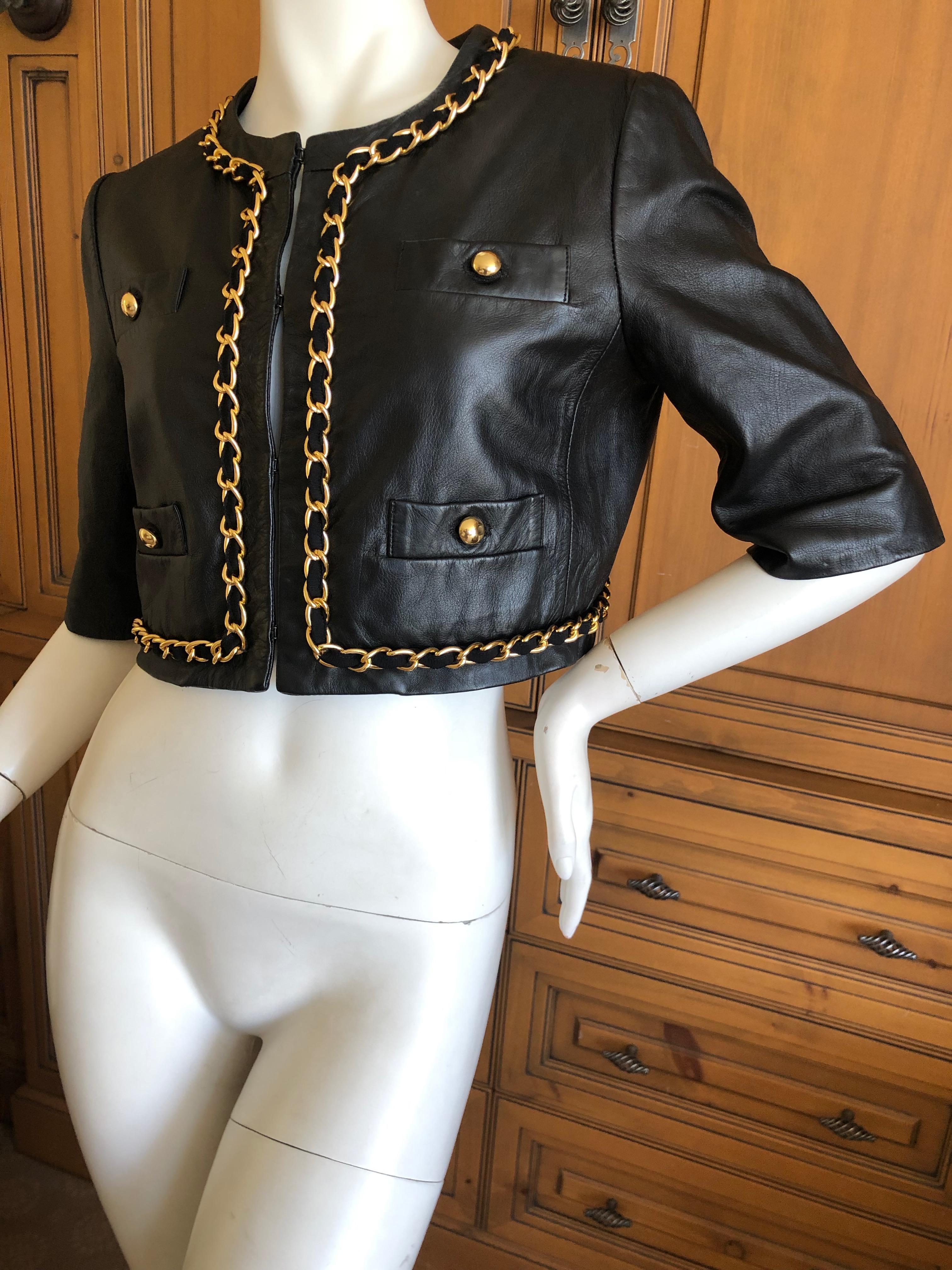 Moschino Cheap & Chic Vintage Cropped Black Lambskin Jacket with Gold Chain  For Sale 1