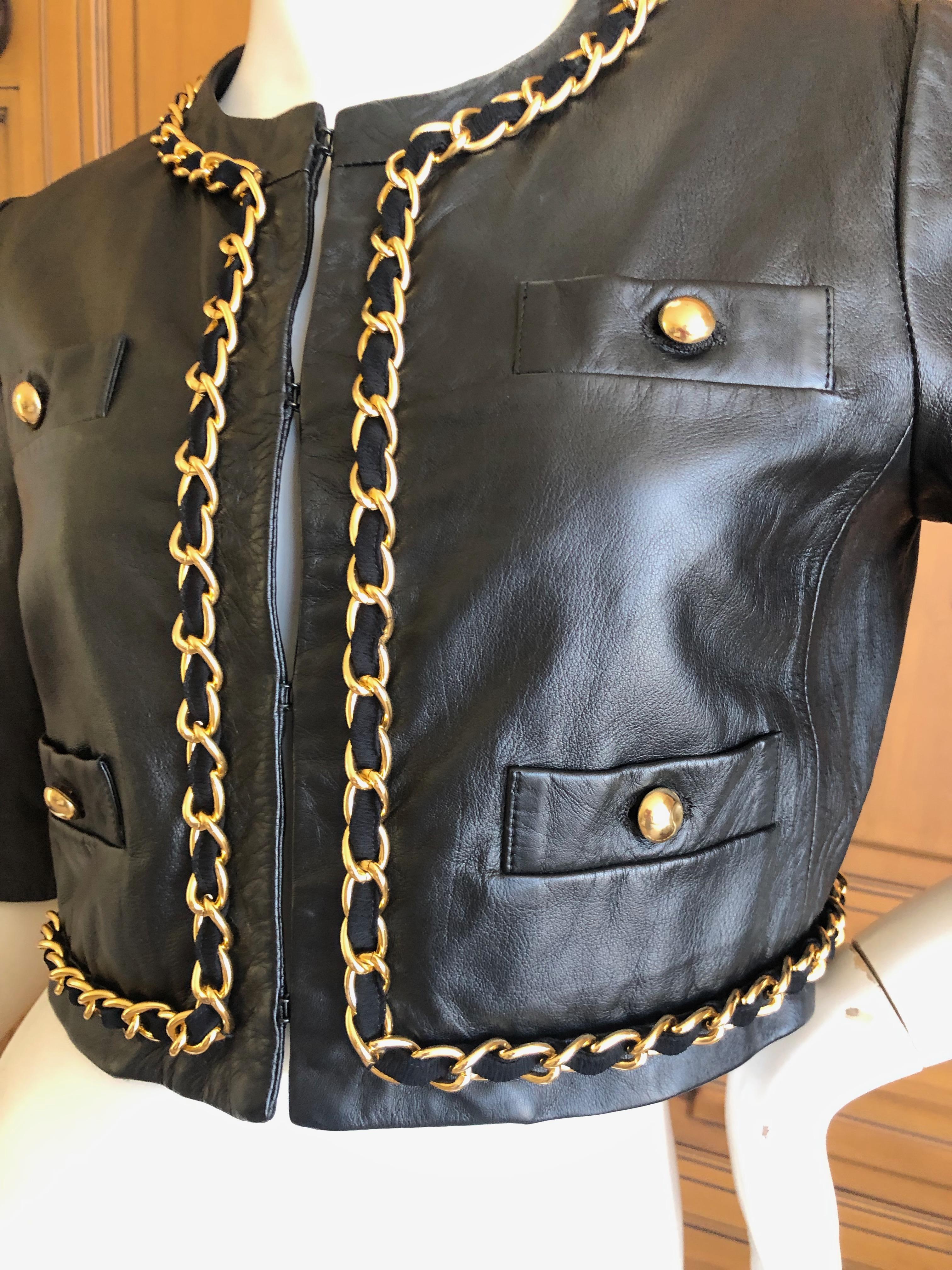 Moschino Cheap & Chic Vintage Cropped Black Lambskin Jacket with Gold Chain  For Sale 2