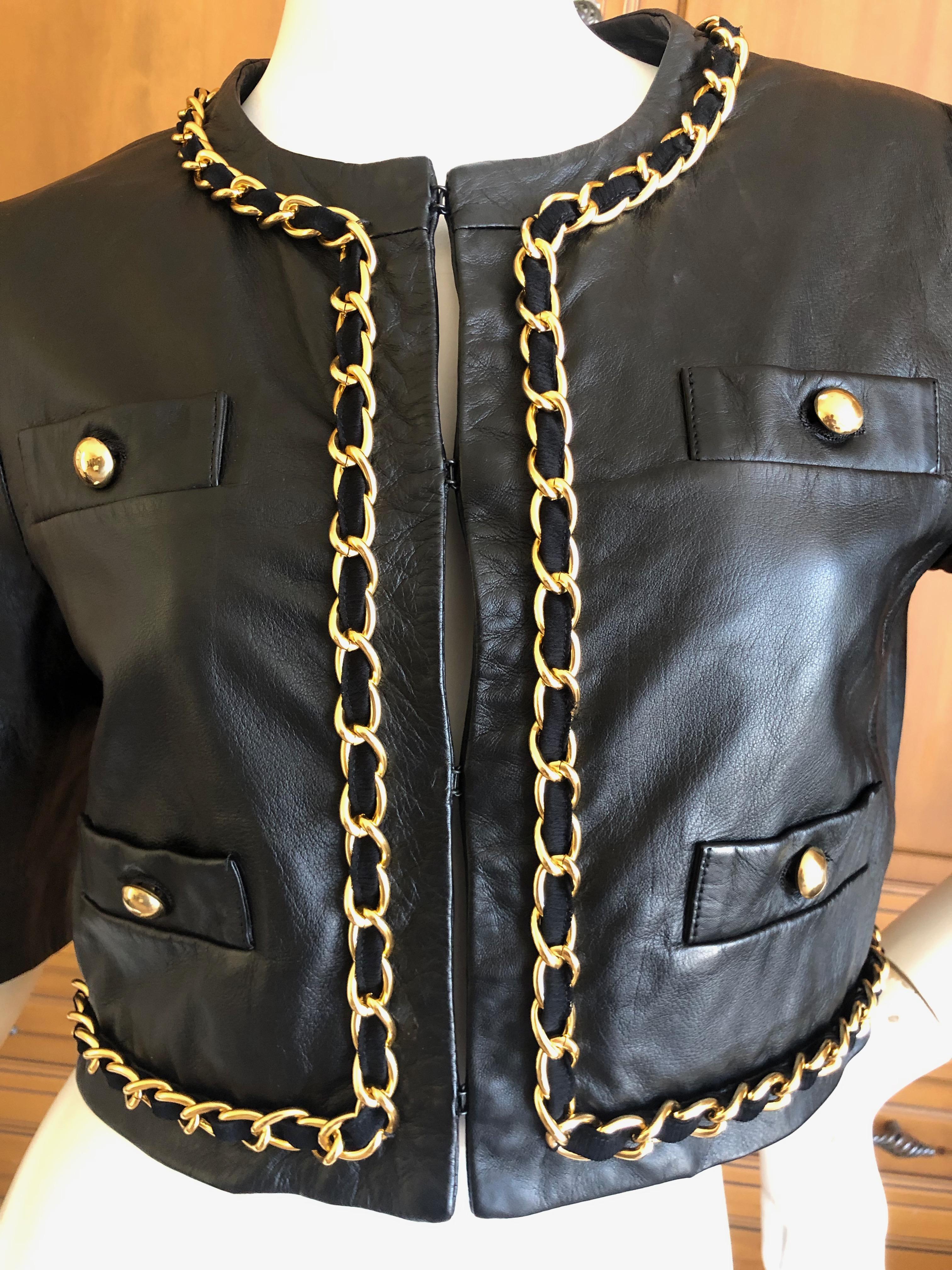 Moschino Cheap & Chic Vintage Cropped Black Lambskin Jacket with Gold Chain  For Sale 3