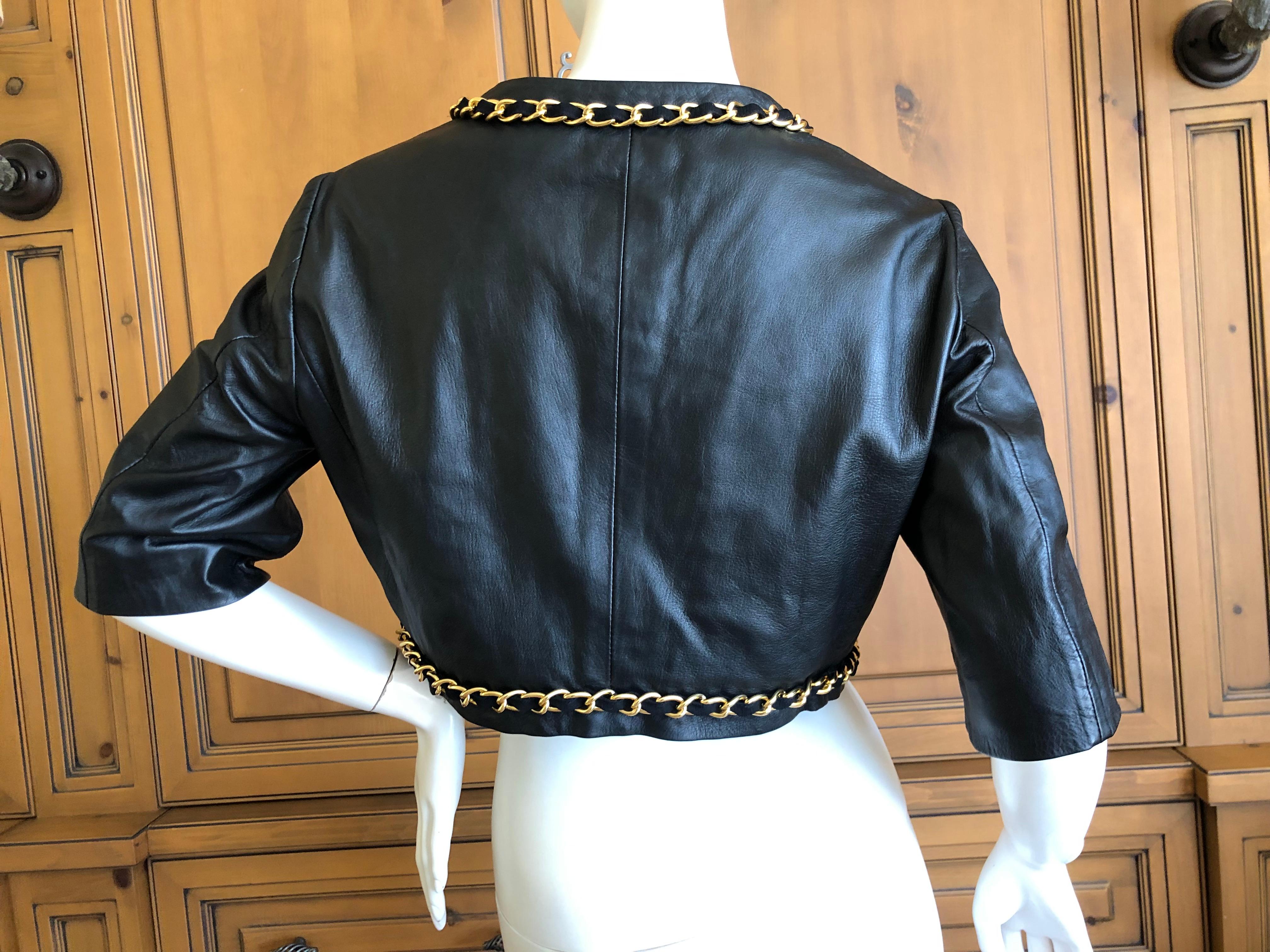 Moschino Cheap & Chic Vintage Cropped Black Lambskin Jacket with Gold Chain  For Sale 4