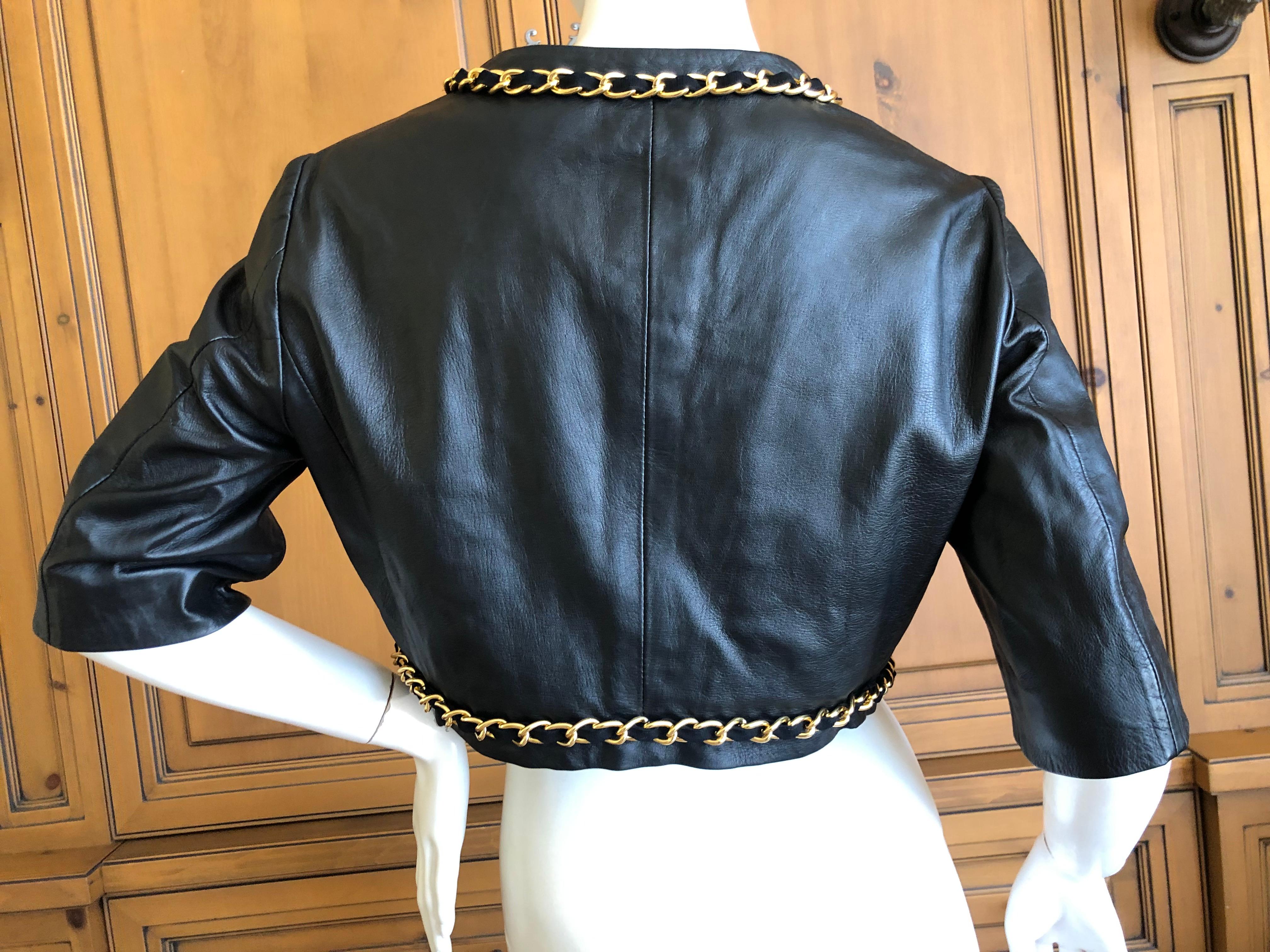 Moschino Cheap & Chic Vintage Cropped Black Lambskin Jacket with Gold Chain  For Sale 5