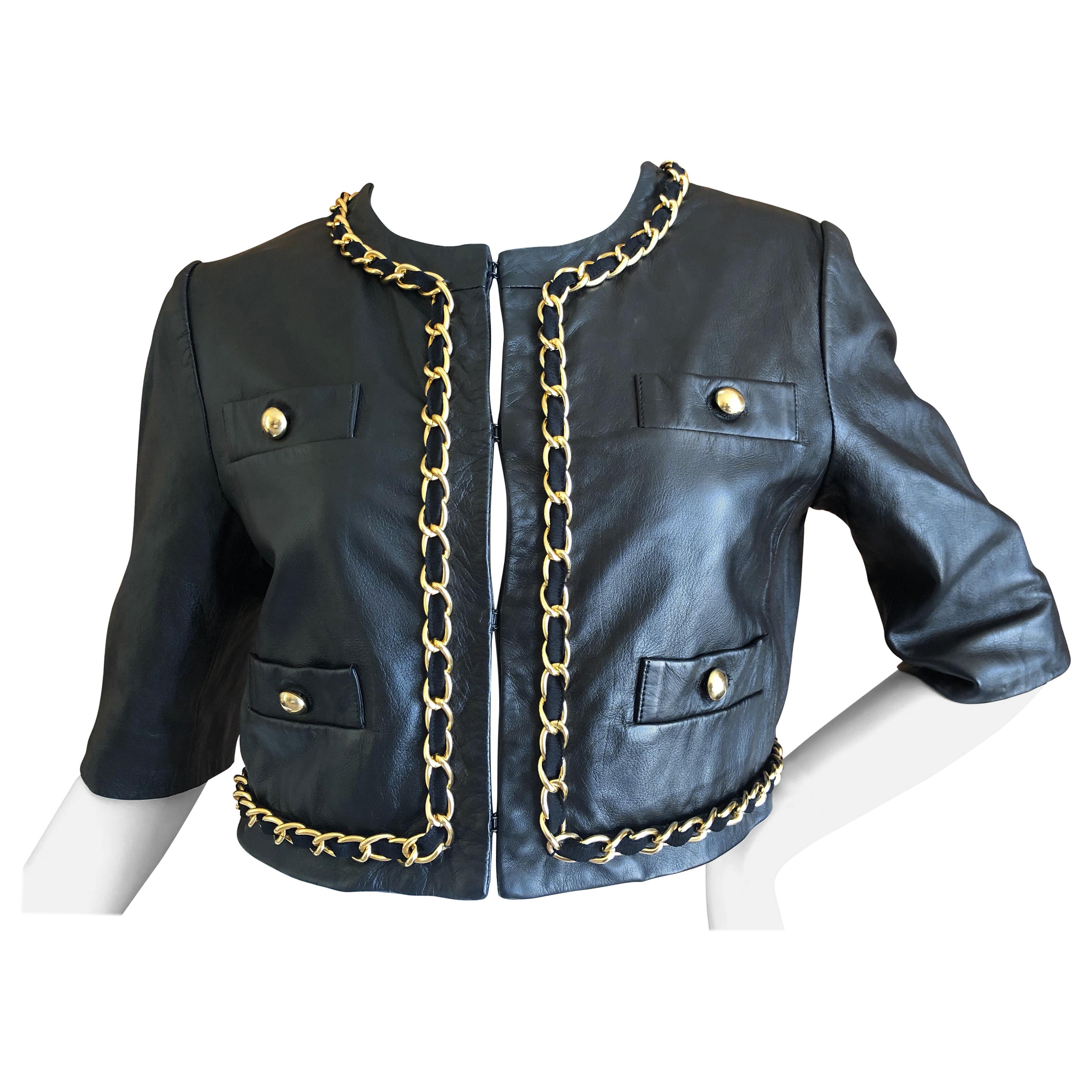 Moschino Cheap & Chic Vintage Cropped Black Lambskin Jacket with Gold Chain  For Sale