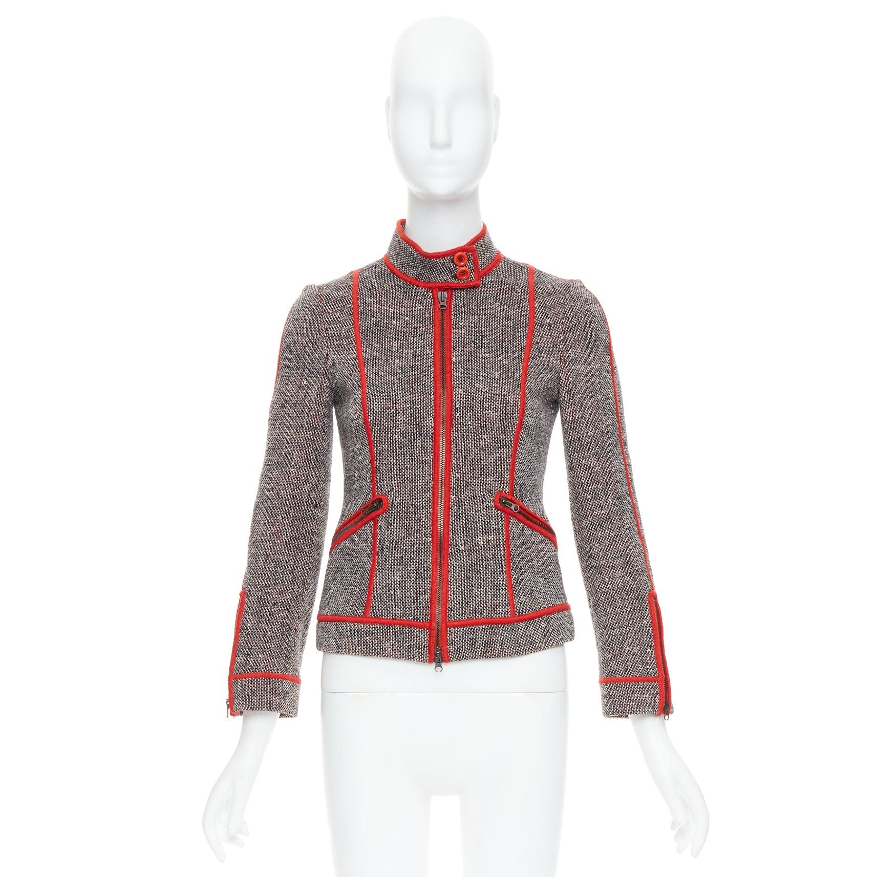 MOSCHINO CHEAP CHIC Vintage grey wool tweed red piping  moto jacket IT38 XS For Sale 5