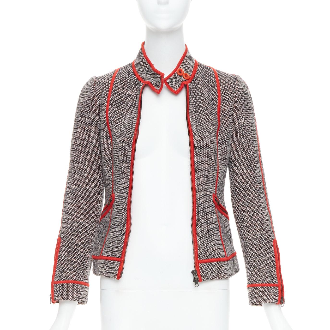 Gray MOSCHINO CHEAP CHIC Vintage grey wool tweed red piping  moto jacket IT38 XS For Sale