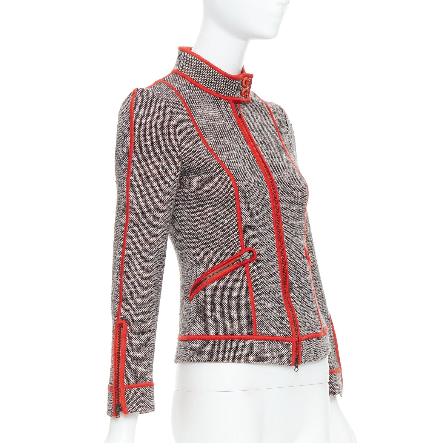 MOSCHINO CHEAP CHIC Vintage grey wool tweed red piping  moto jacket IT38 XS In Good Condition For Sale In Hong Kong, NT
