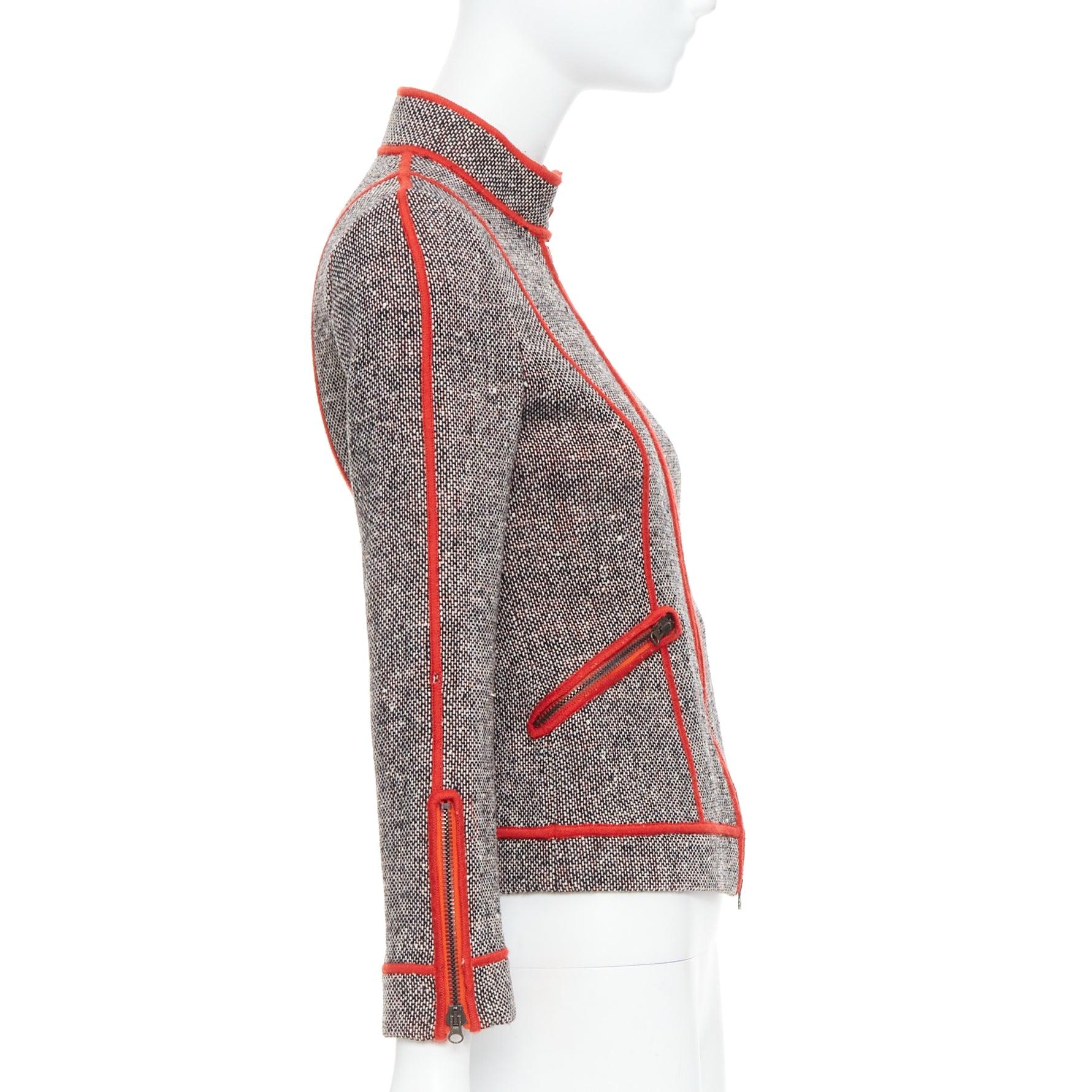 Women's MOSCHINO CHEAP CHIC Vintage grey wool tweed red piping  moto jacket IT38 XS For Sale