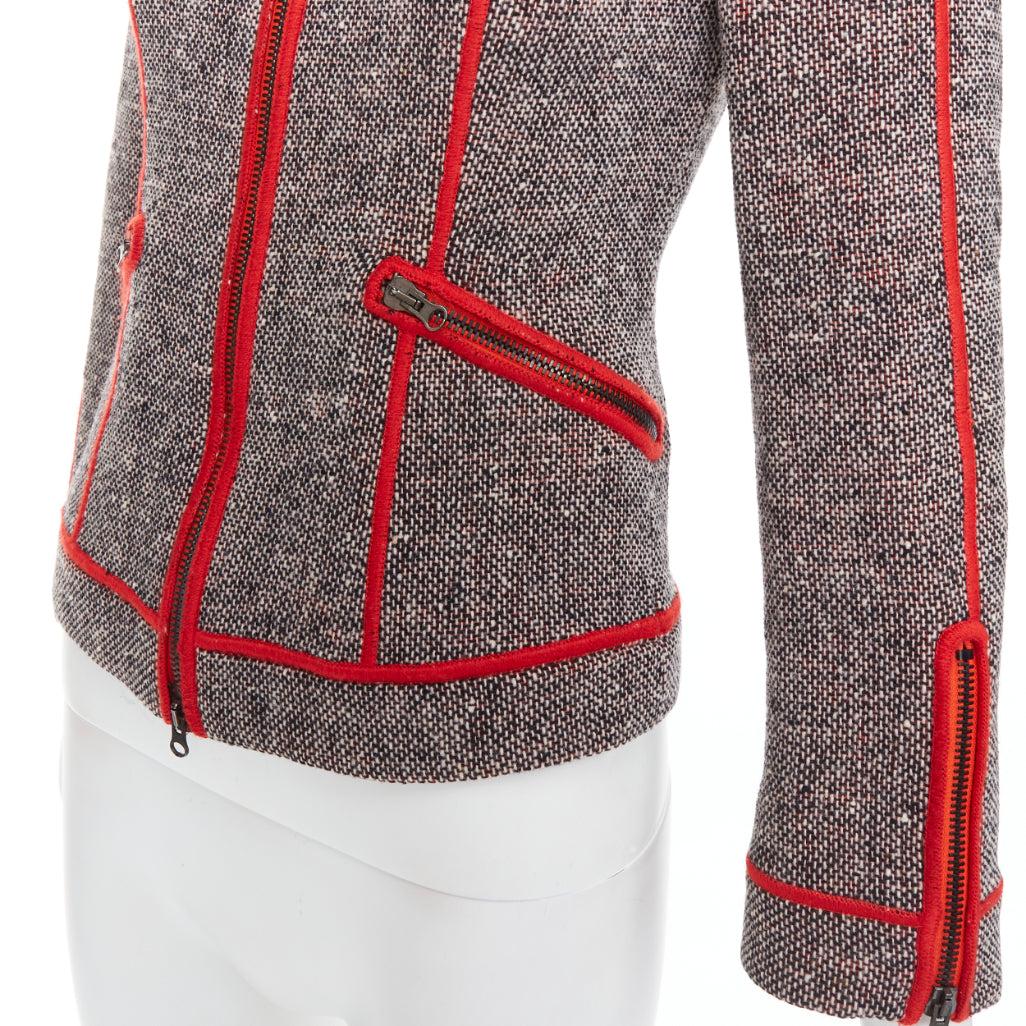 MOSCHINO CHEAP CHIC Vintage grey wool tweed red piping  moto jacket IT38 XS For Sale 3