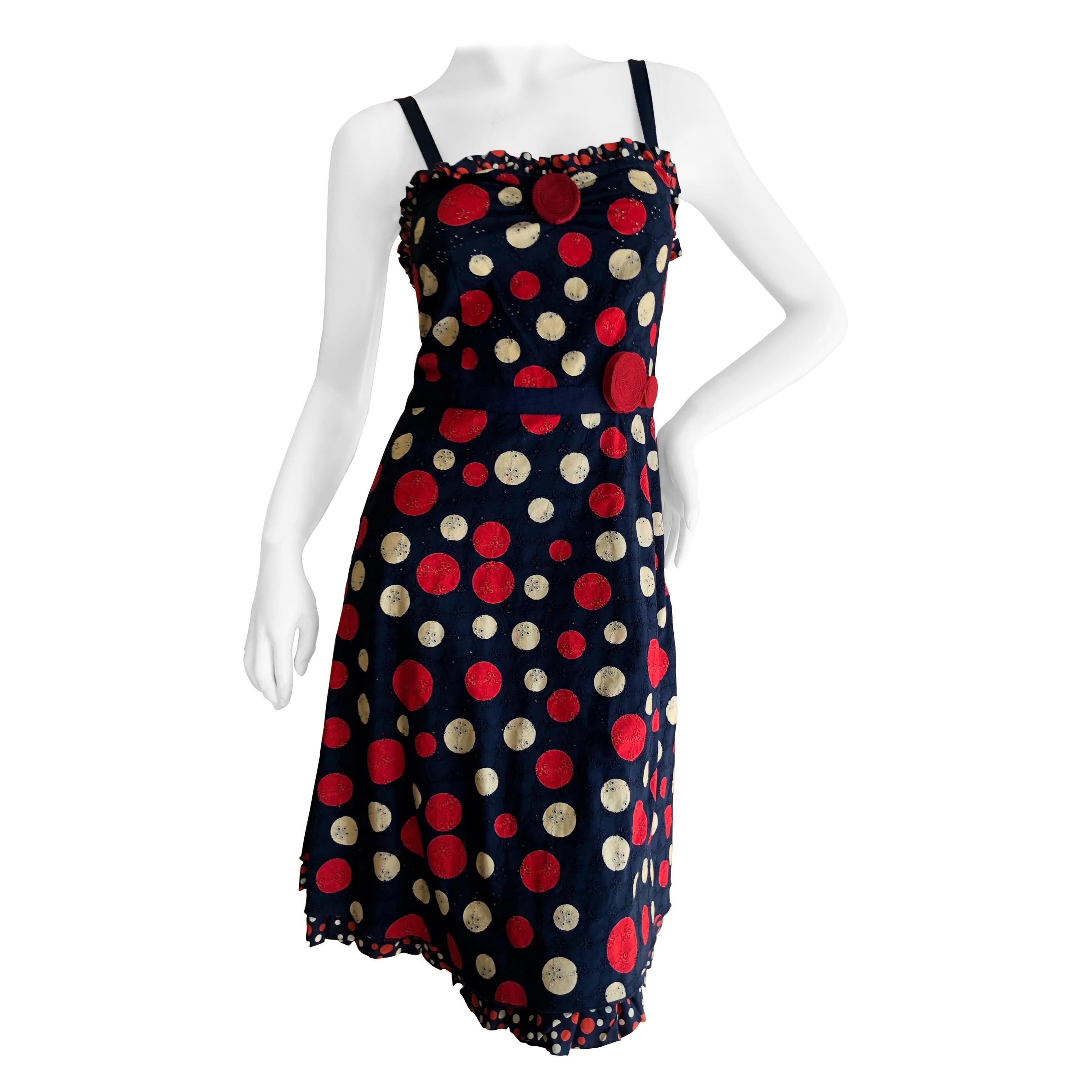 Moschino Cheap & Chic Vintage Polka Dot Dress in Navy Eyelet Cotton For Sale