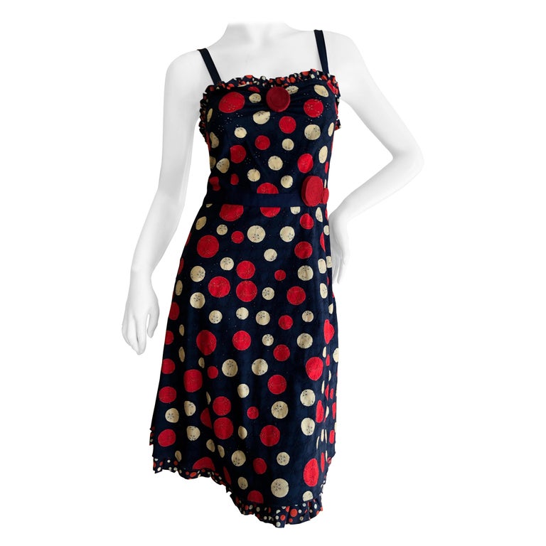 Moschino Cheap Chic Vintage Polka Dot Dress In Navy Eyelet Cotton