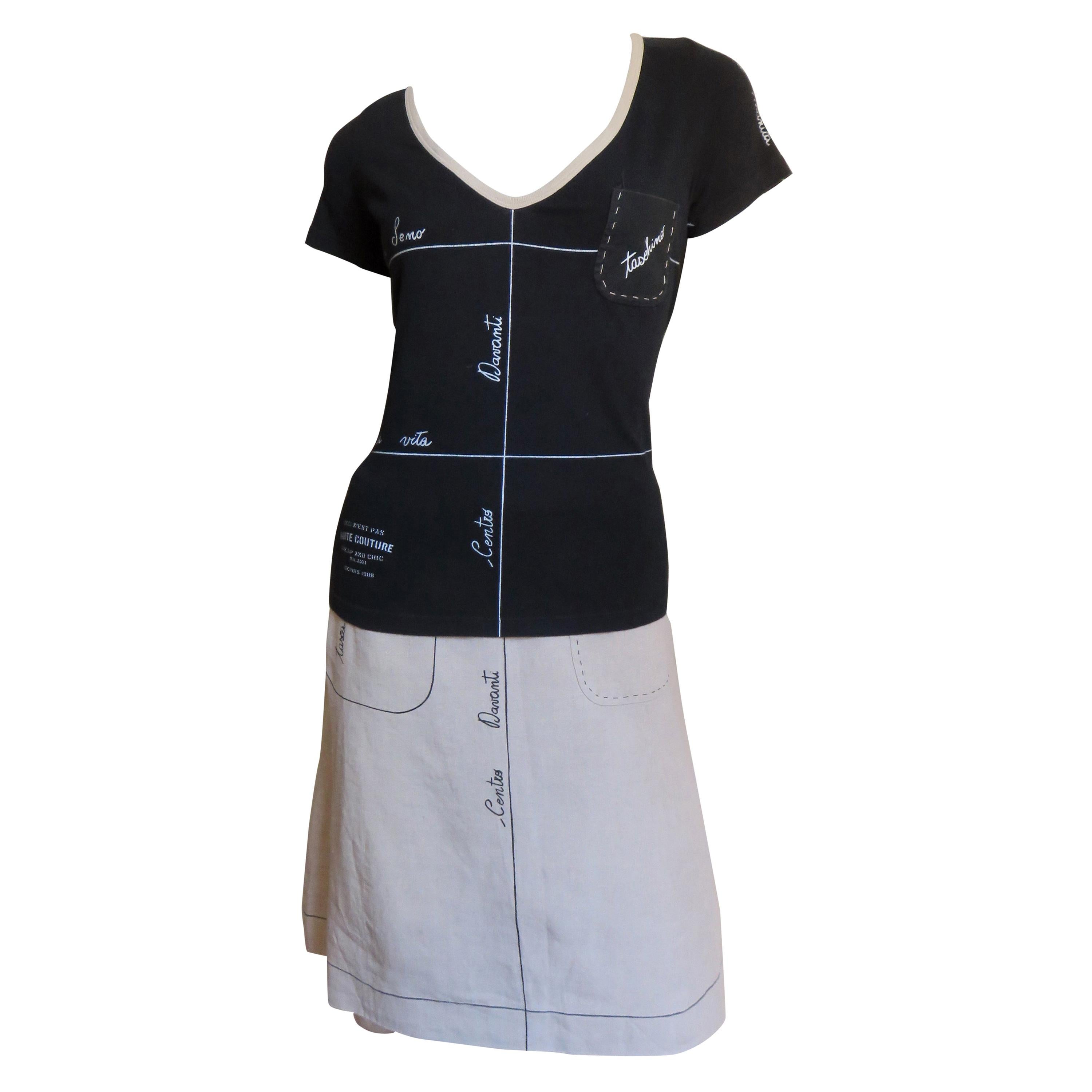 Moschino Color Block Linen Skirt and T Shirt Set with Italian Words