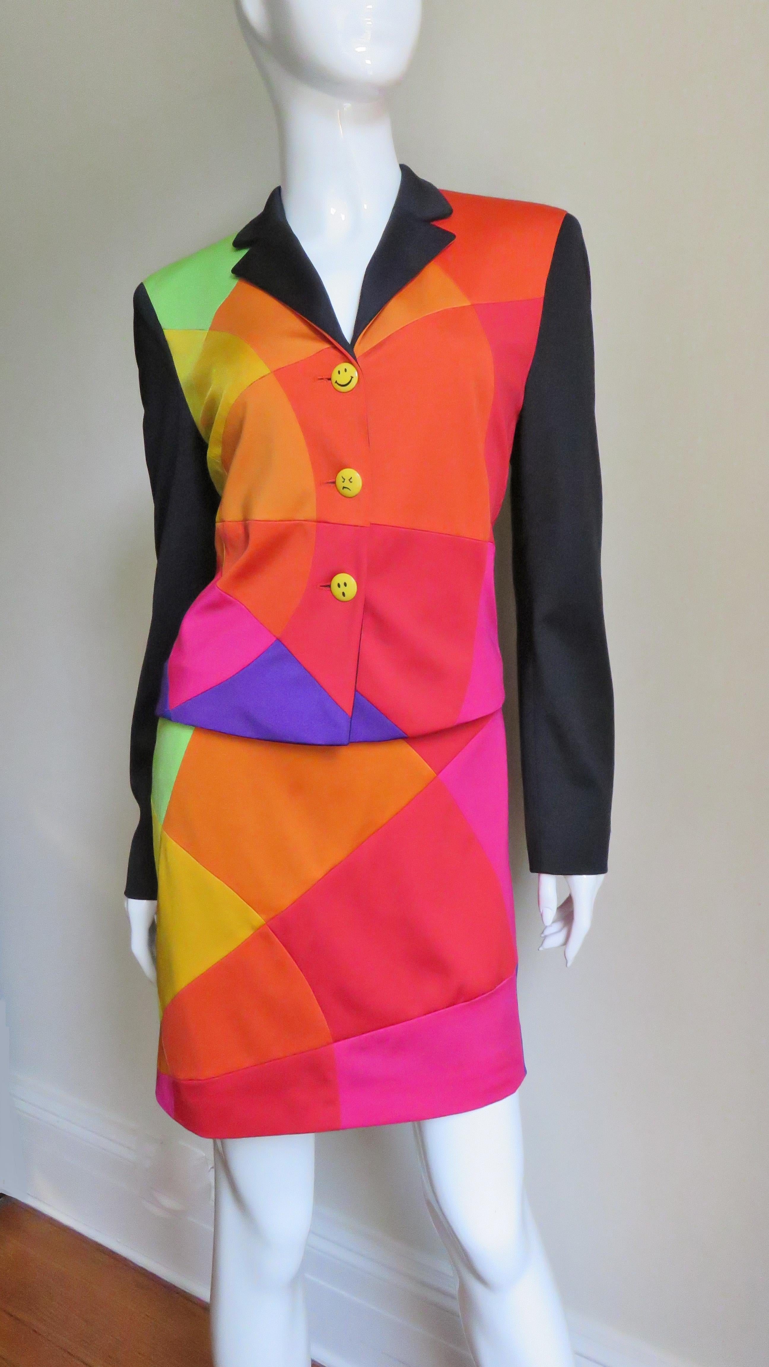 Red Moschino Color Block Skirt Suit with Emoji Buttons For Sale