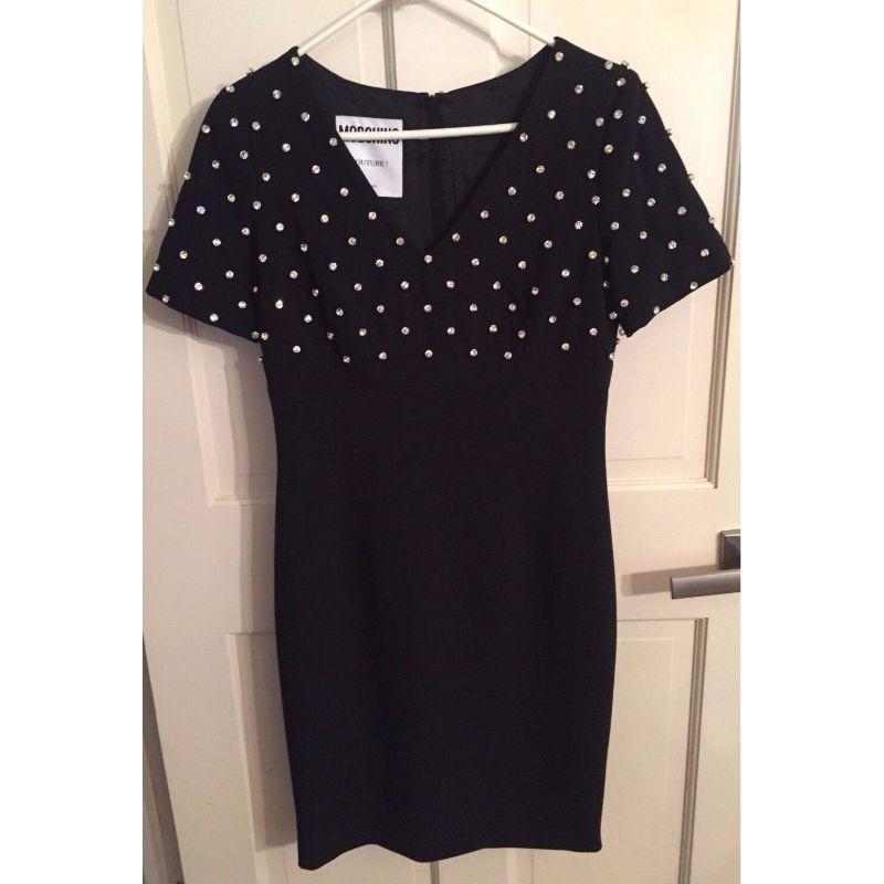 Moschino Coutur Jeremy Scott Barbie Crystal Diamonds Black Crepe Dress 42 IT In New Condition For Sale In Matthews, NC