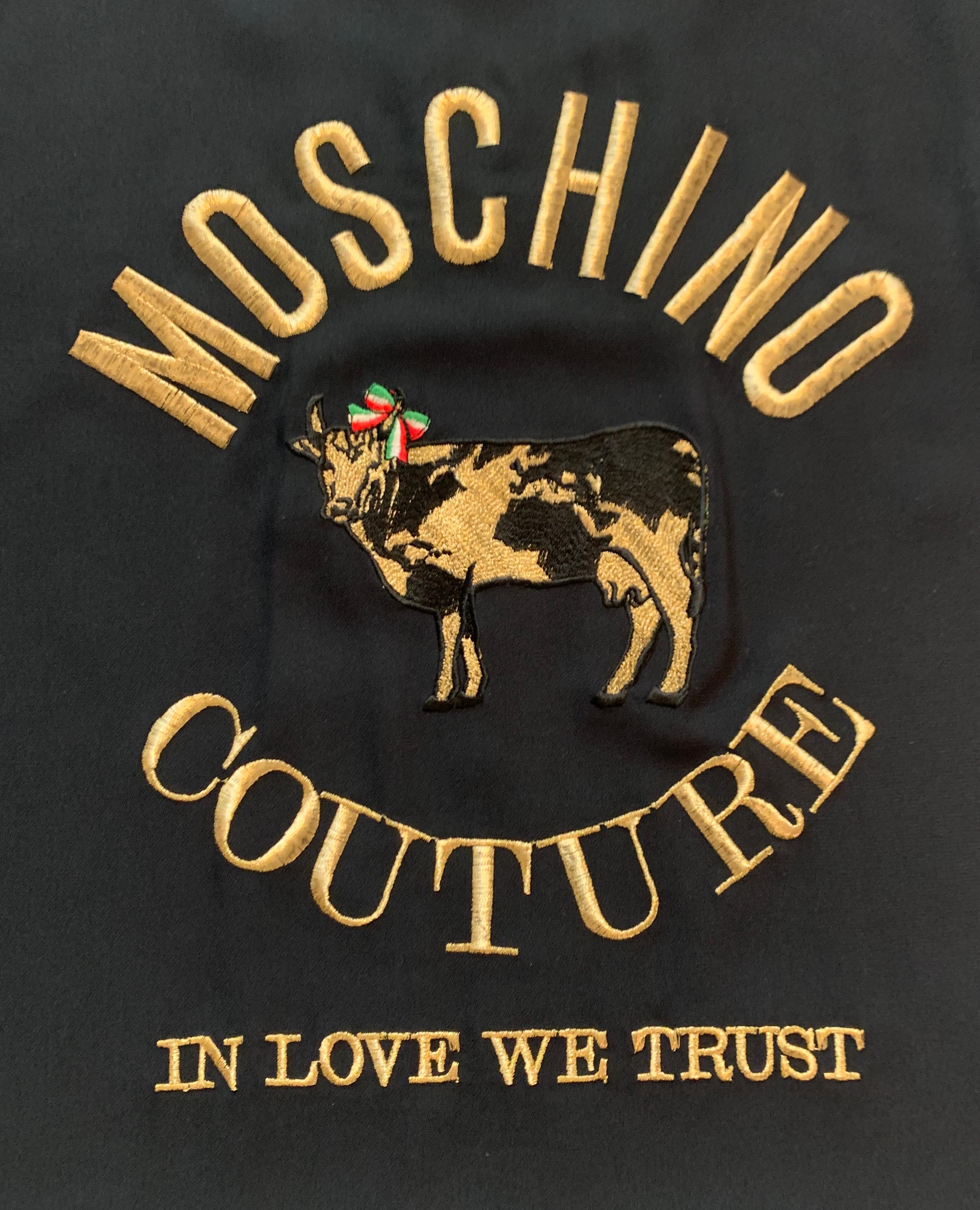Black Moschino Couture 1980s Cow Shirt In Love We Trust Embroidered Top Navy and Gold