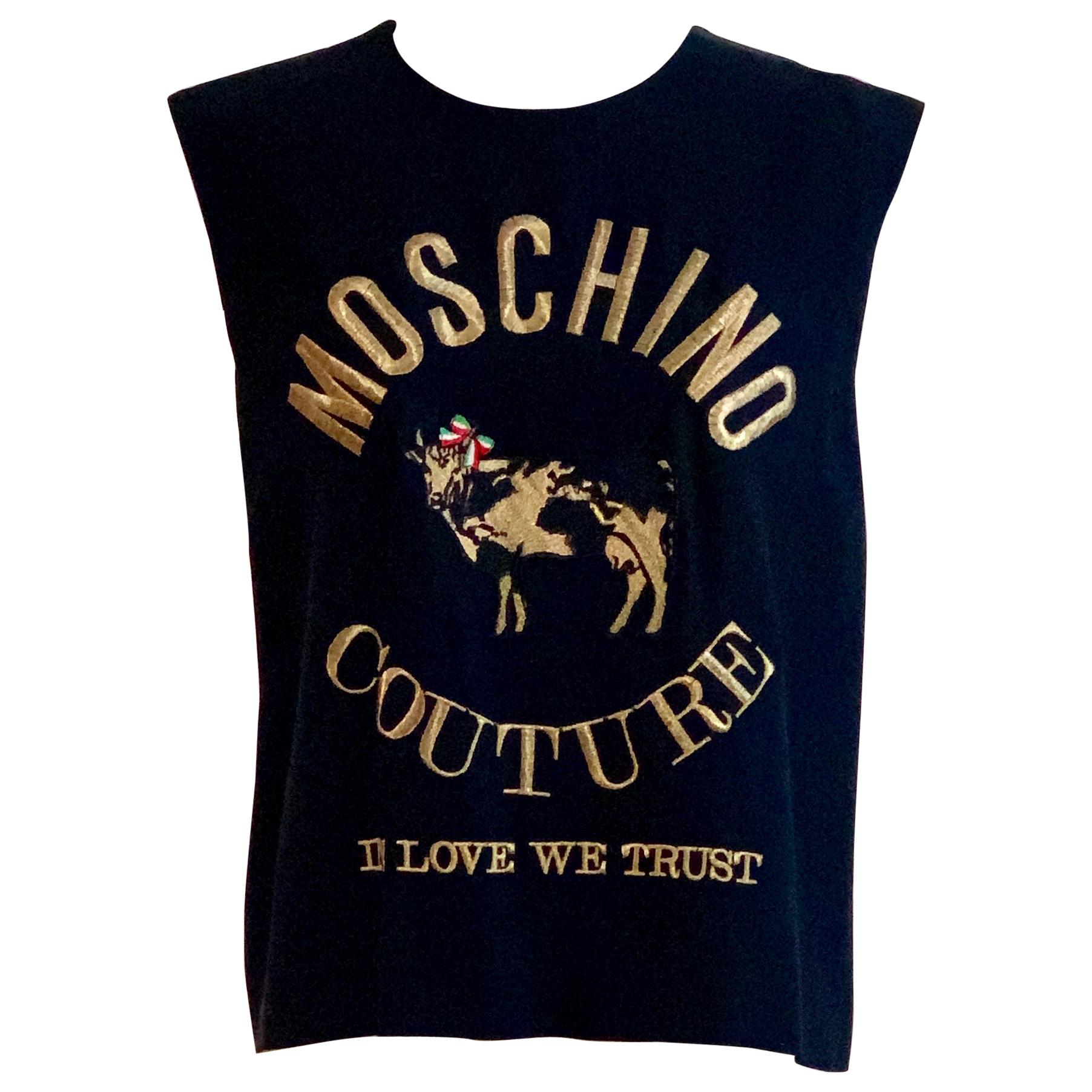 Moschino Couture 1980s Cow Shirt In Love We Trust Embroidered Top Navy and Gold