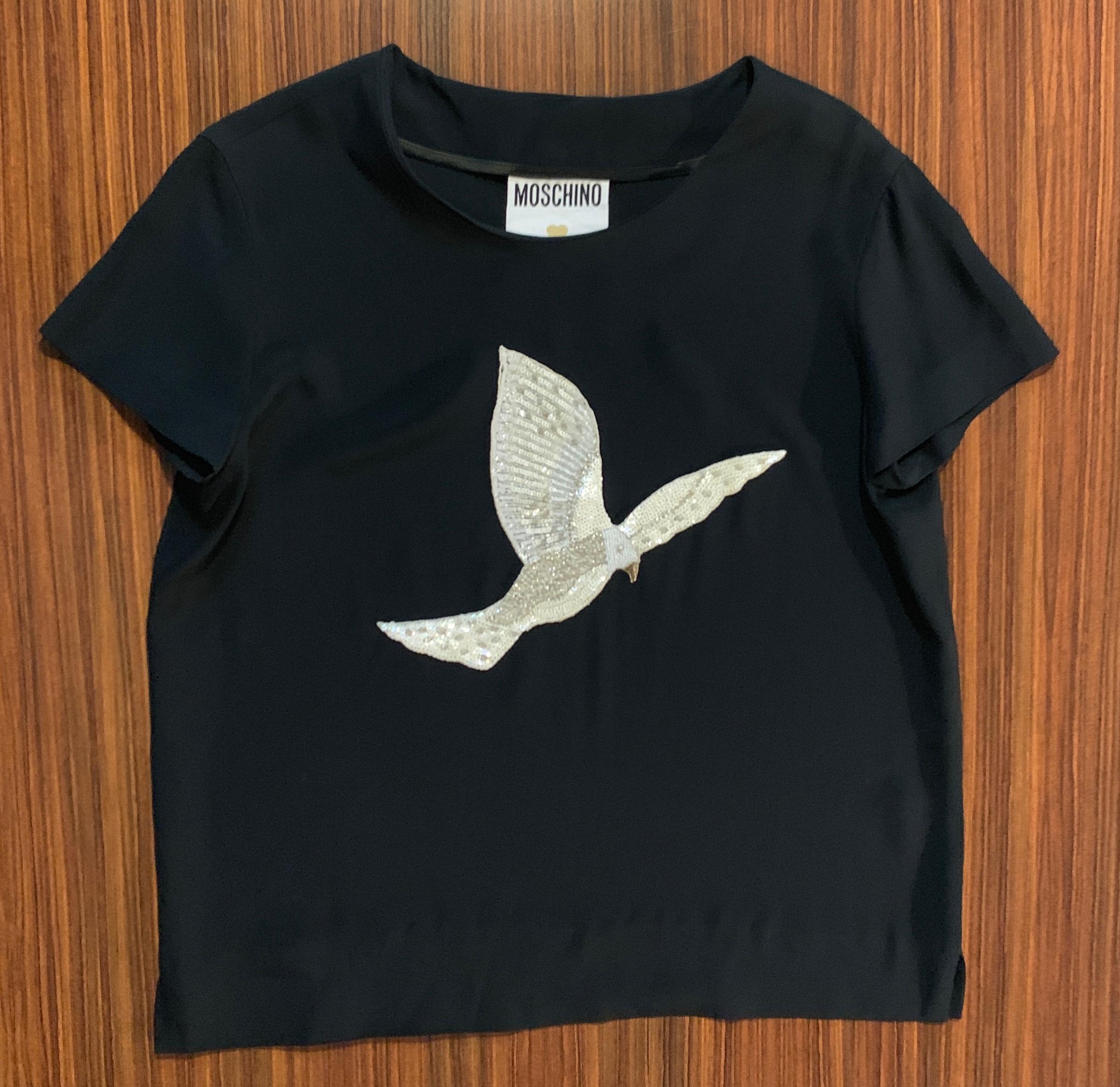 Women's Moschino Couture 1980s Dove Top White and Silver Sequin on Navy T-shirt For Sale