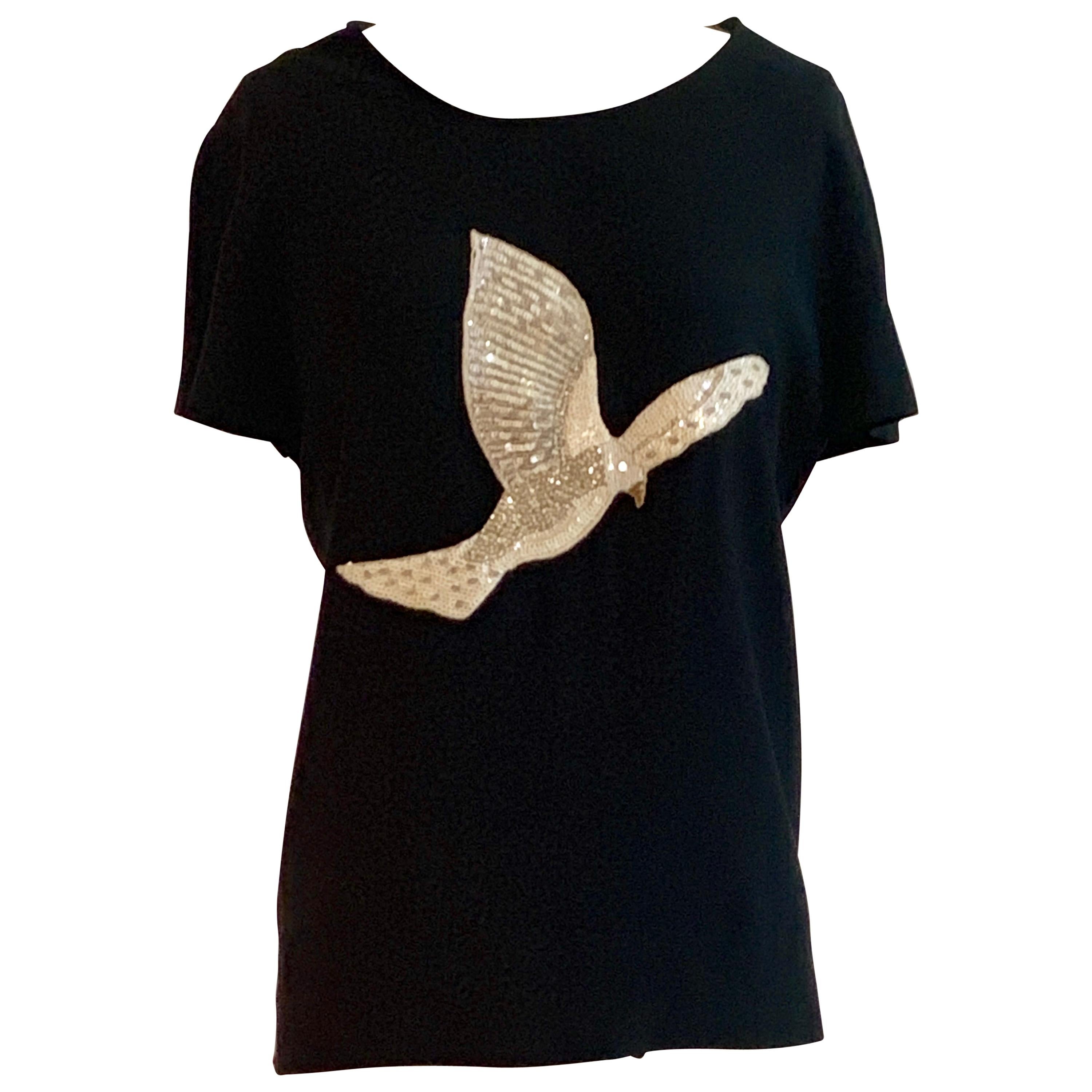 Moschino Couture 1980s Dove Top White and Silver Sequin on Navy T-shirt For Sale