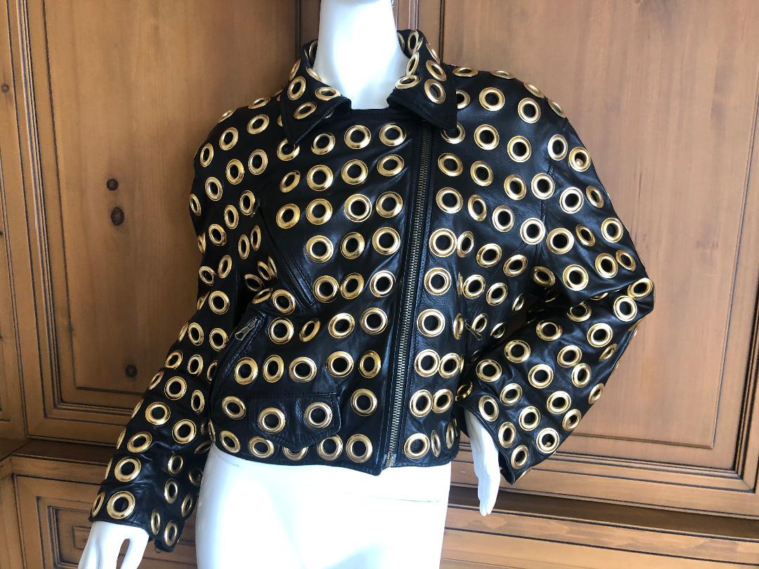 Black Moschino Couture 1980's Leather Moto Jacket with Bold Grommet Details For Sale