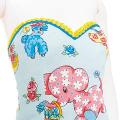 ¡Moschino Couture! Vestido azul sin tirantes de la colección «Calico Animals» de la pasarela 2022, IT38 XS