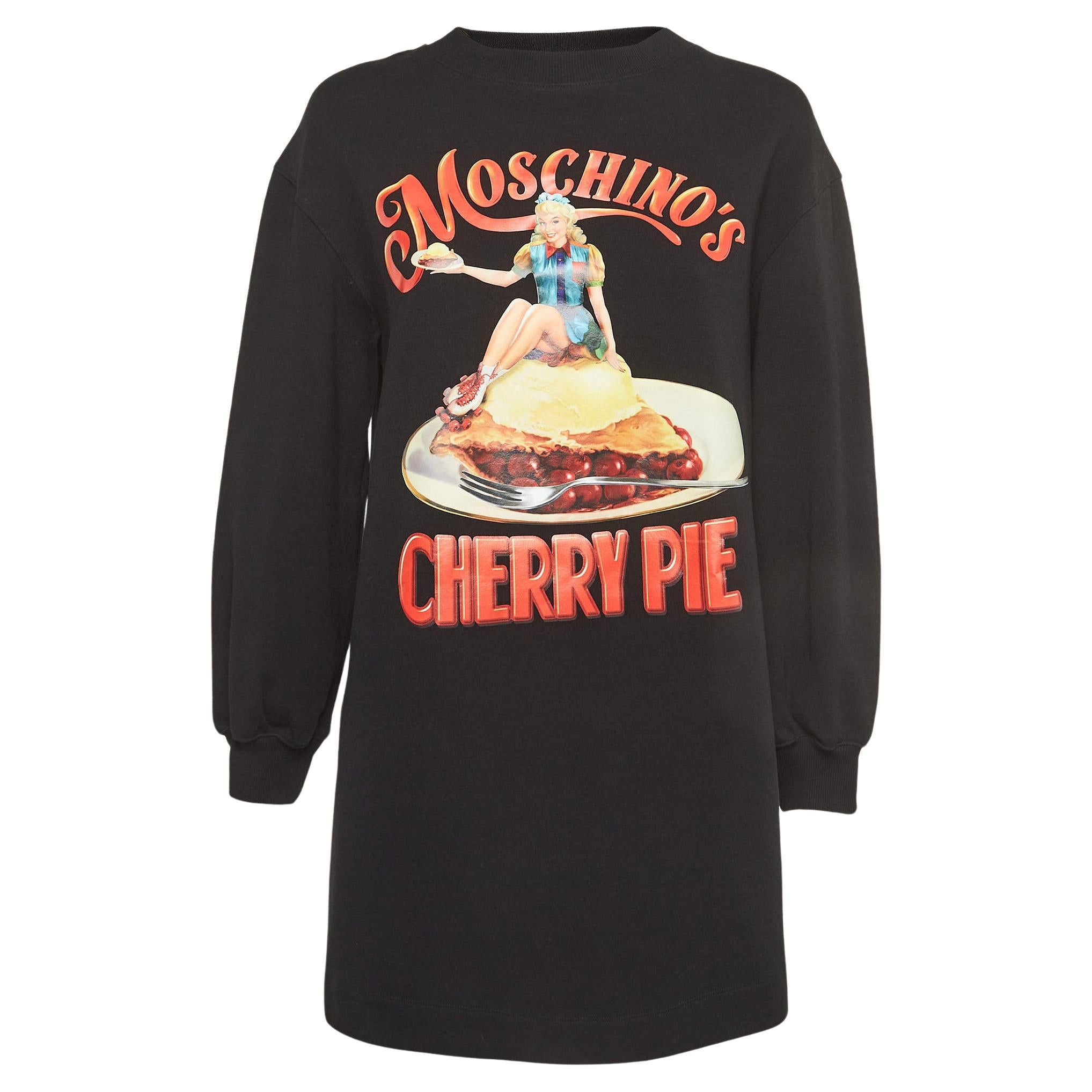 Moschino Couture Black Cherry Pie Print Cotton Long Sleeve Jumper Dress S en vente