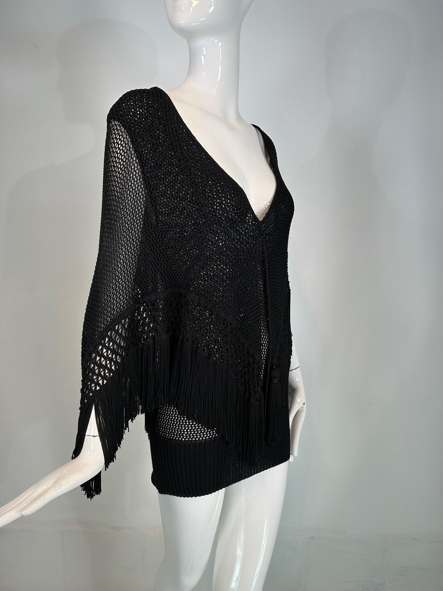 Moschino Couture Black Crochet Fringe Cape Mini Dress 44 In Good Condition In West Palm Beach, FL