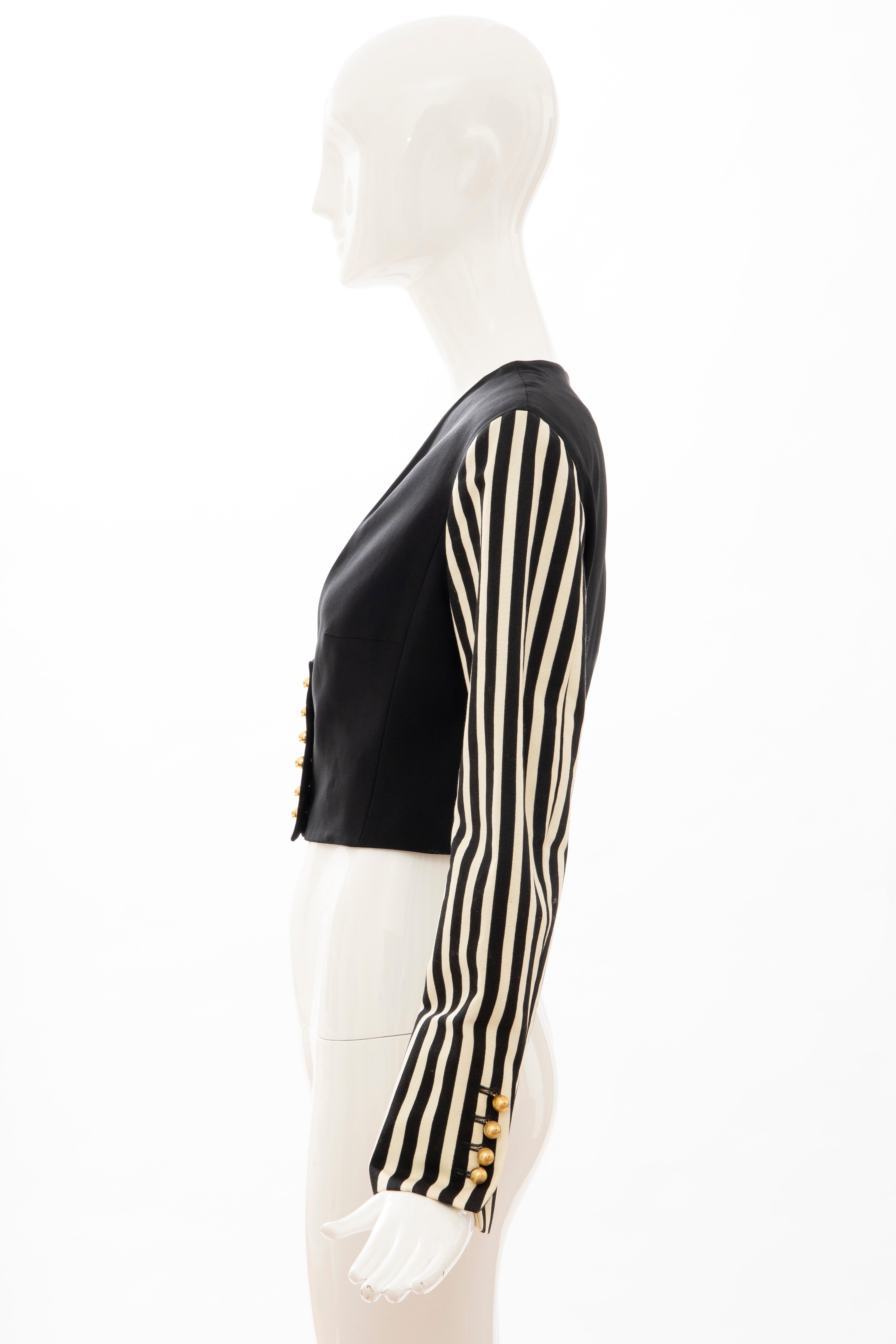 Moschino Couture Black Cropped Button Front Jacket Striped Sleeves, Circa: 1994 For Sale 5