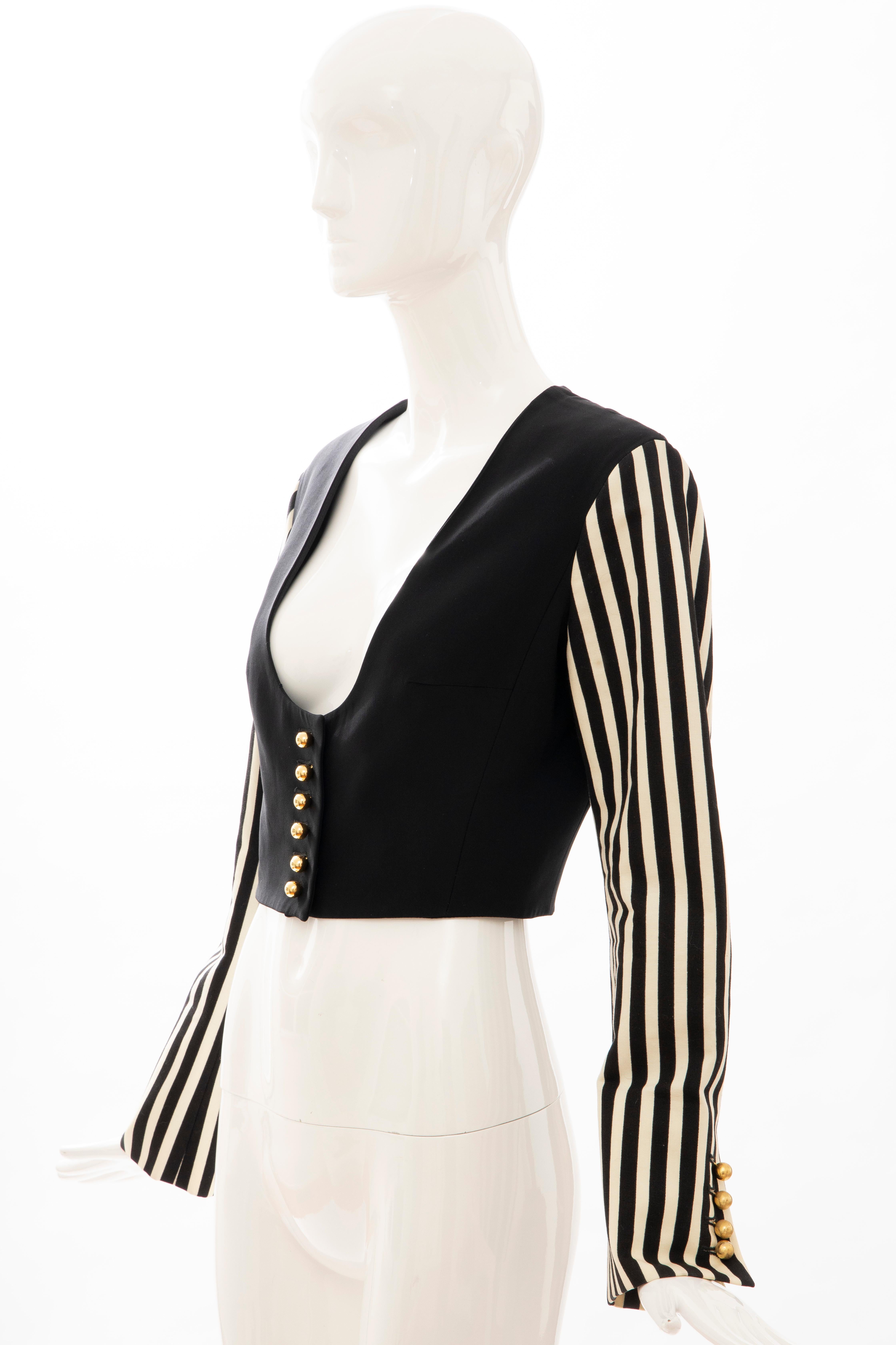 Moschino Couture Black Cropped Button Front Jacket Striped Sleeves, Circa: 1994 For Sale 6