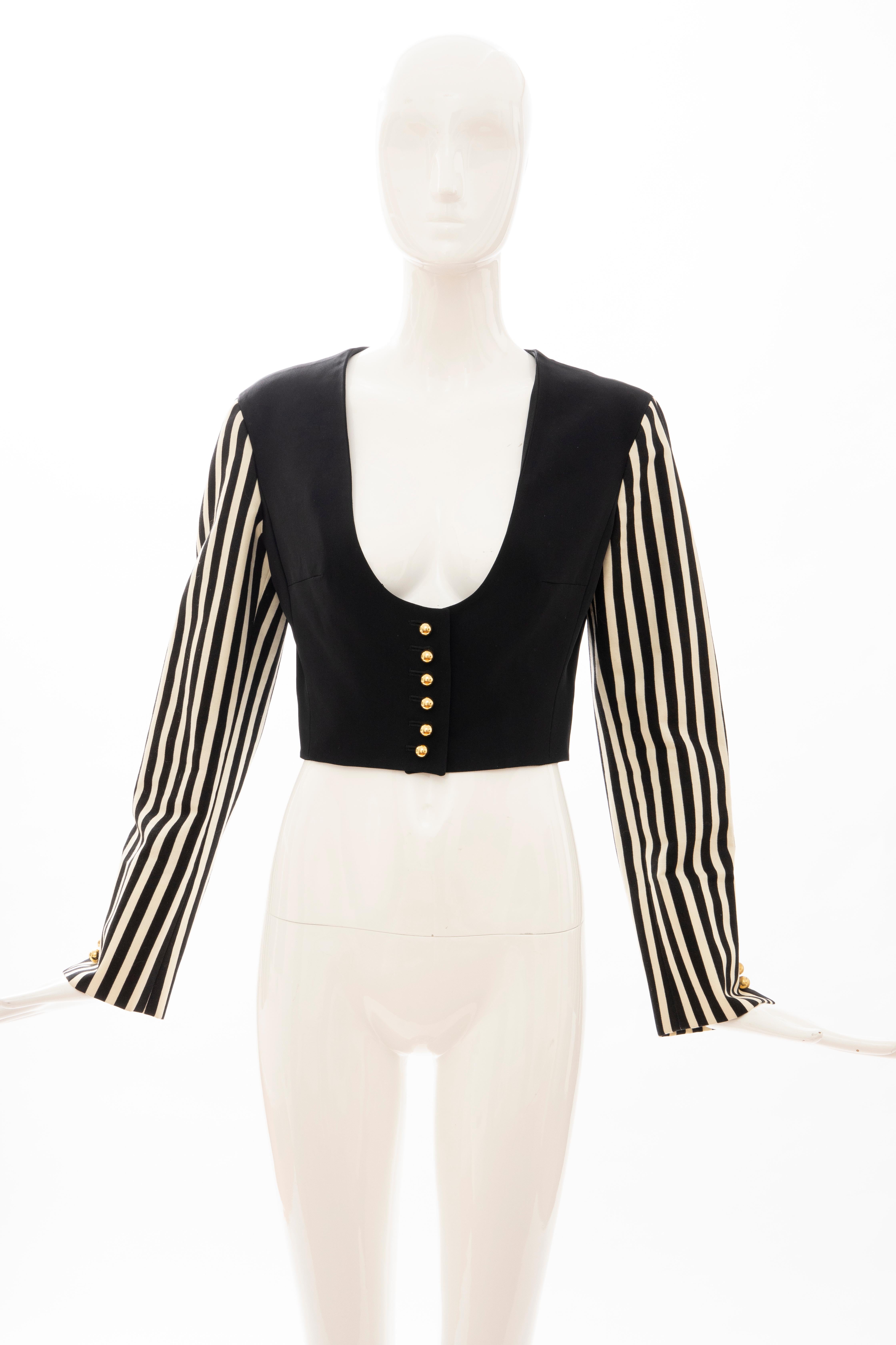 Moschino Couture Black Cropped Button Front Jacket Striped Sleeves, Circa: 1994 For Sale 7