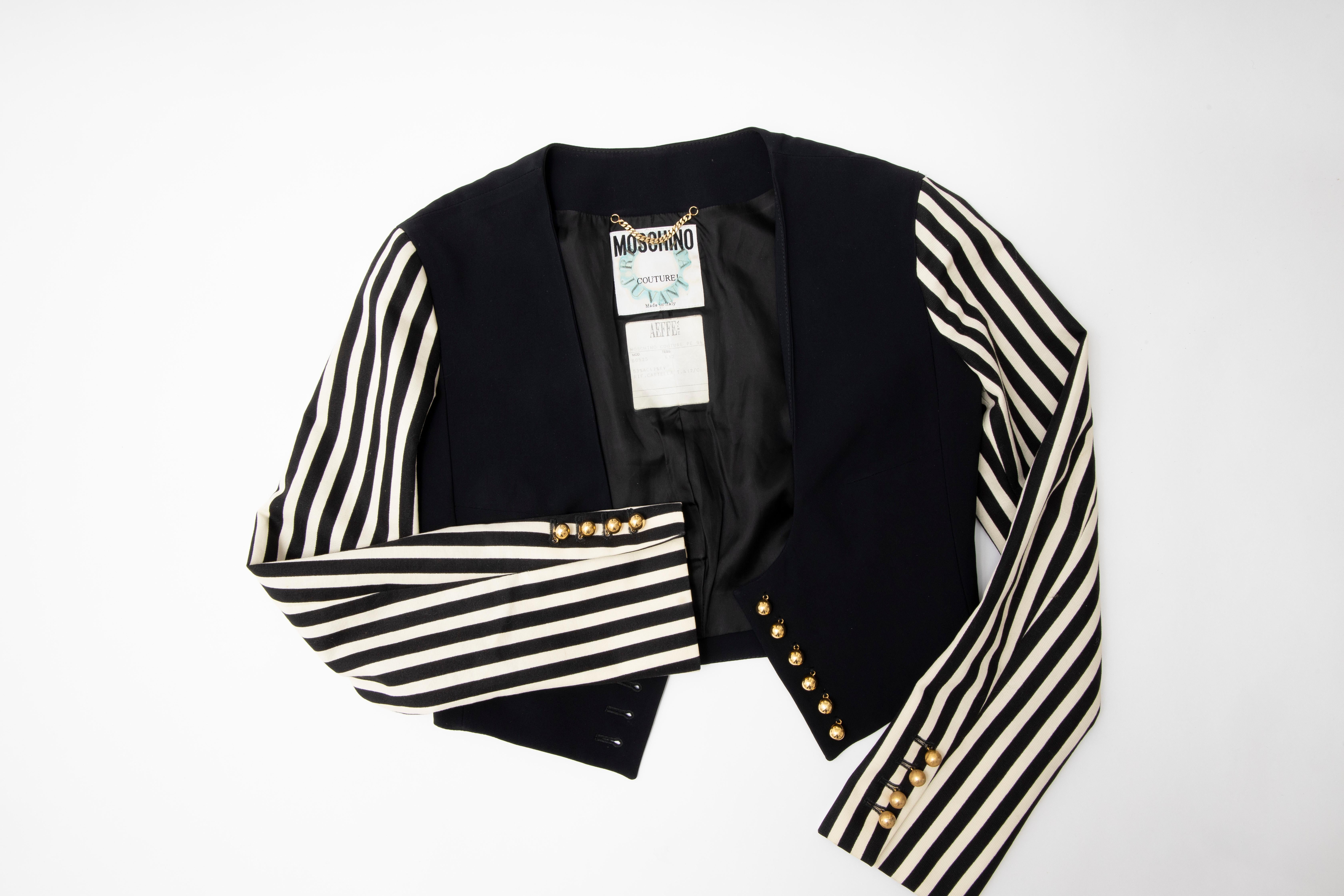 Moschino Couture Black Cropped Button Front Jacket Striped Sleeves, Circa: 1994 For Sale 8