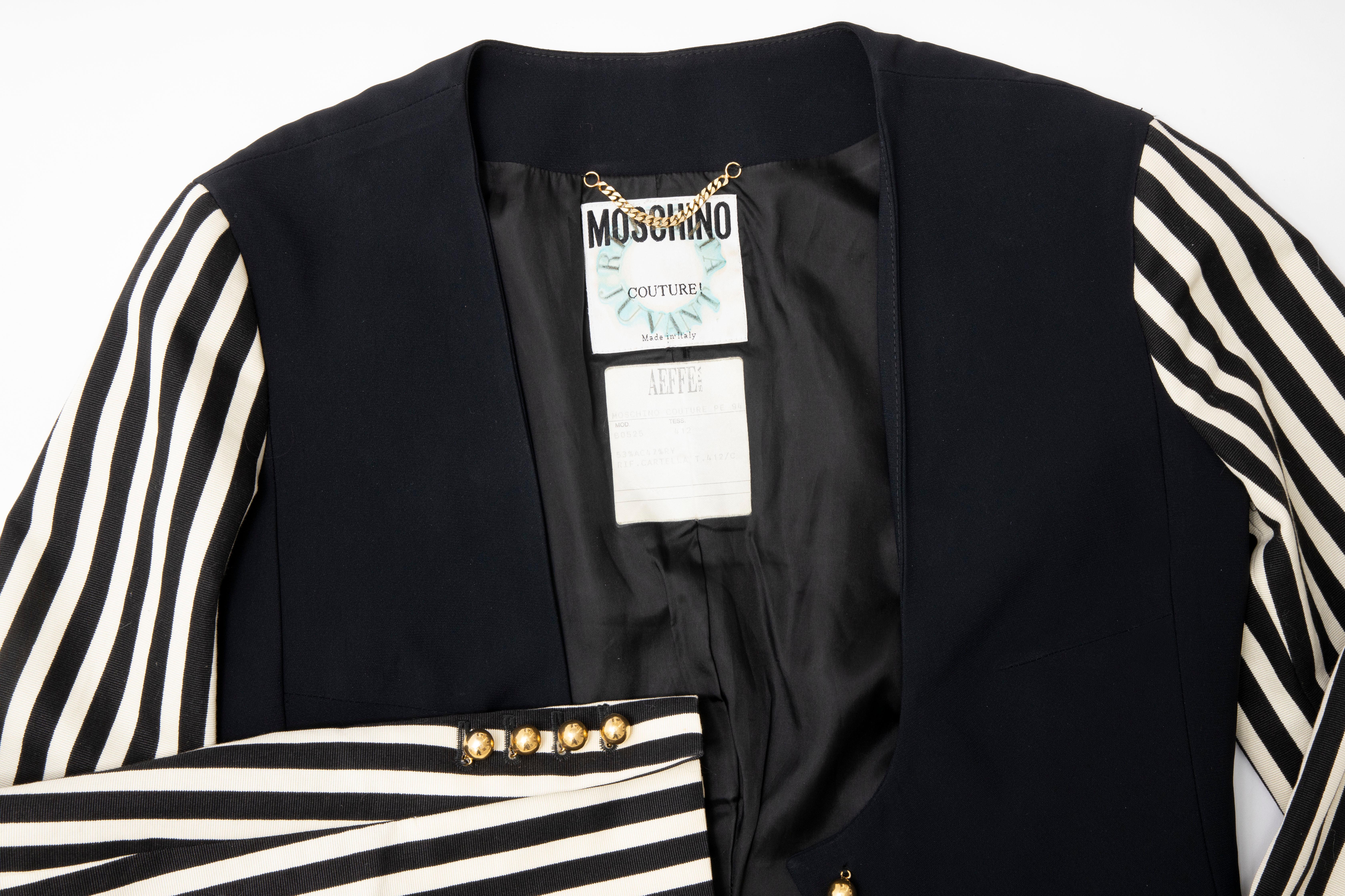 Moschino Couture Black Cropped Button Front Jacket Striped Sleeves, Circa: 1994 For Sale 9