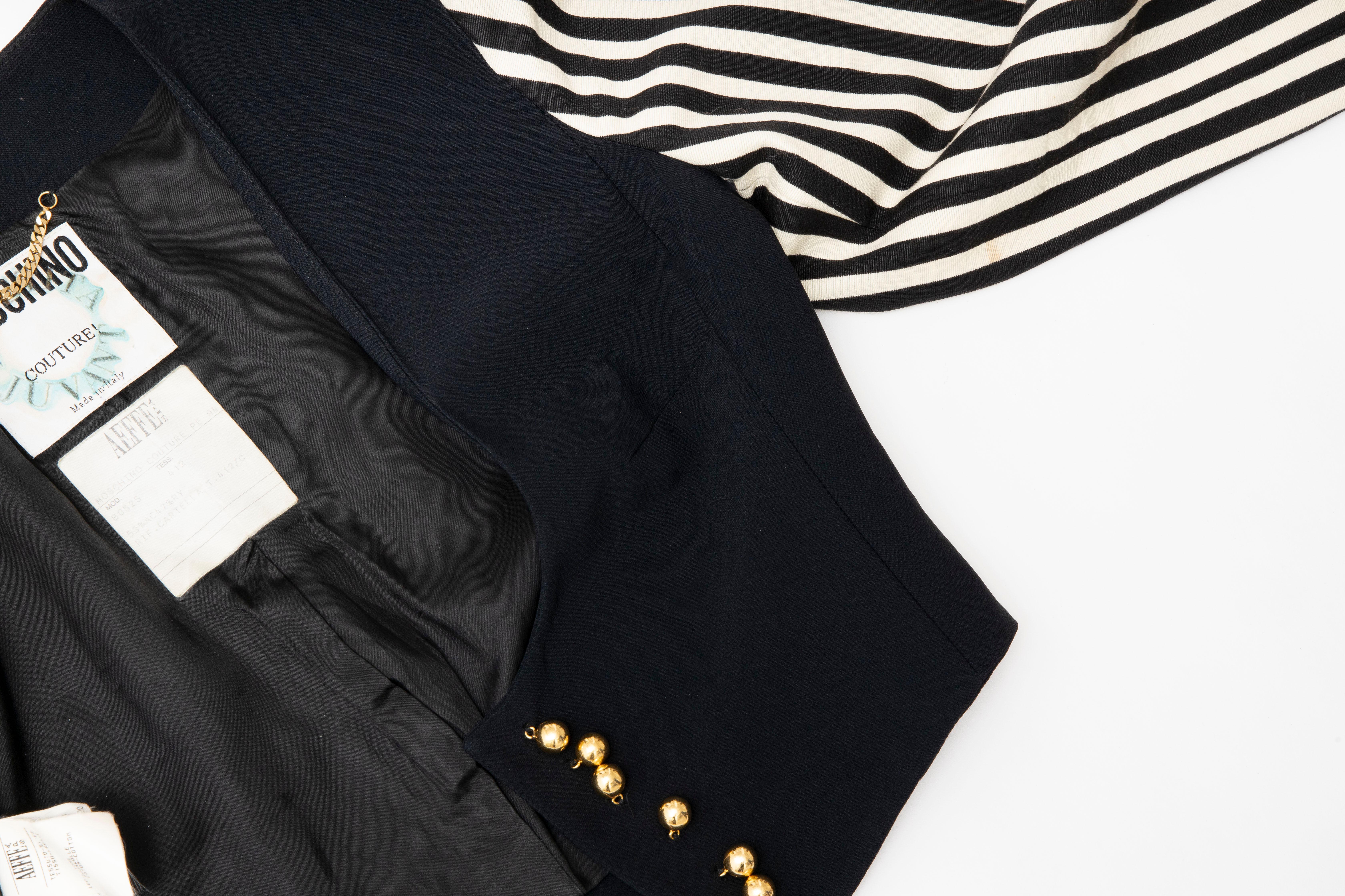 Moschino Couture Black Cropped Button Front Jacket Striped Sleeves, Circa: 1994 For Sale 10