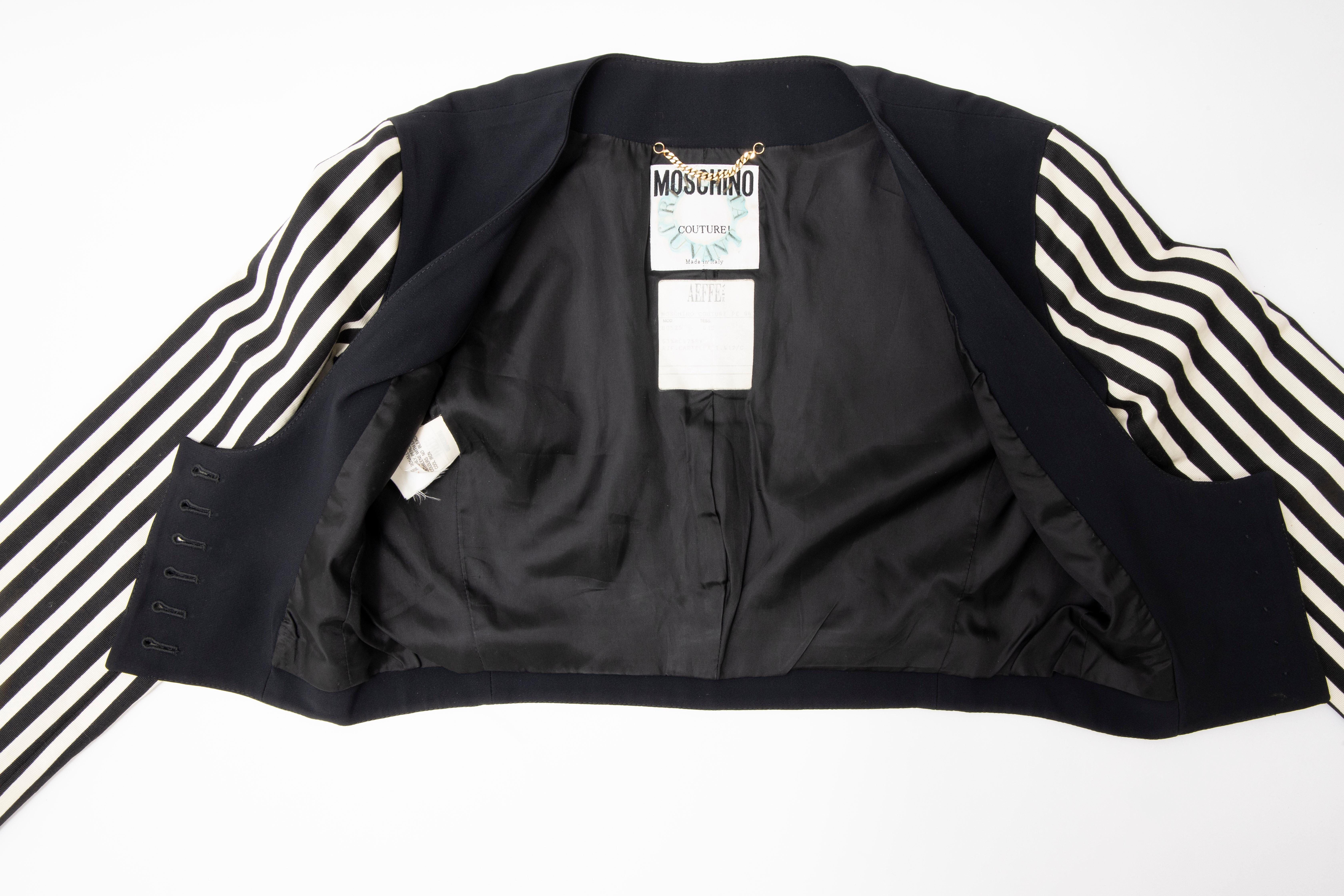 Moschino Couture Black Cropped Button Front Jacket Striped Sleeves, Circa: 1994 For Sale 11