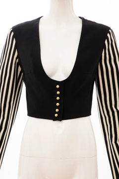 Moschino Couture Black Cropped Button Front Jacket Striped Sleeves, Circa: 1994