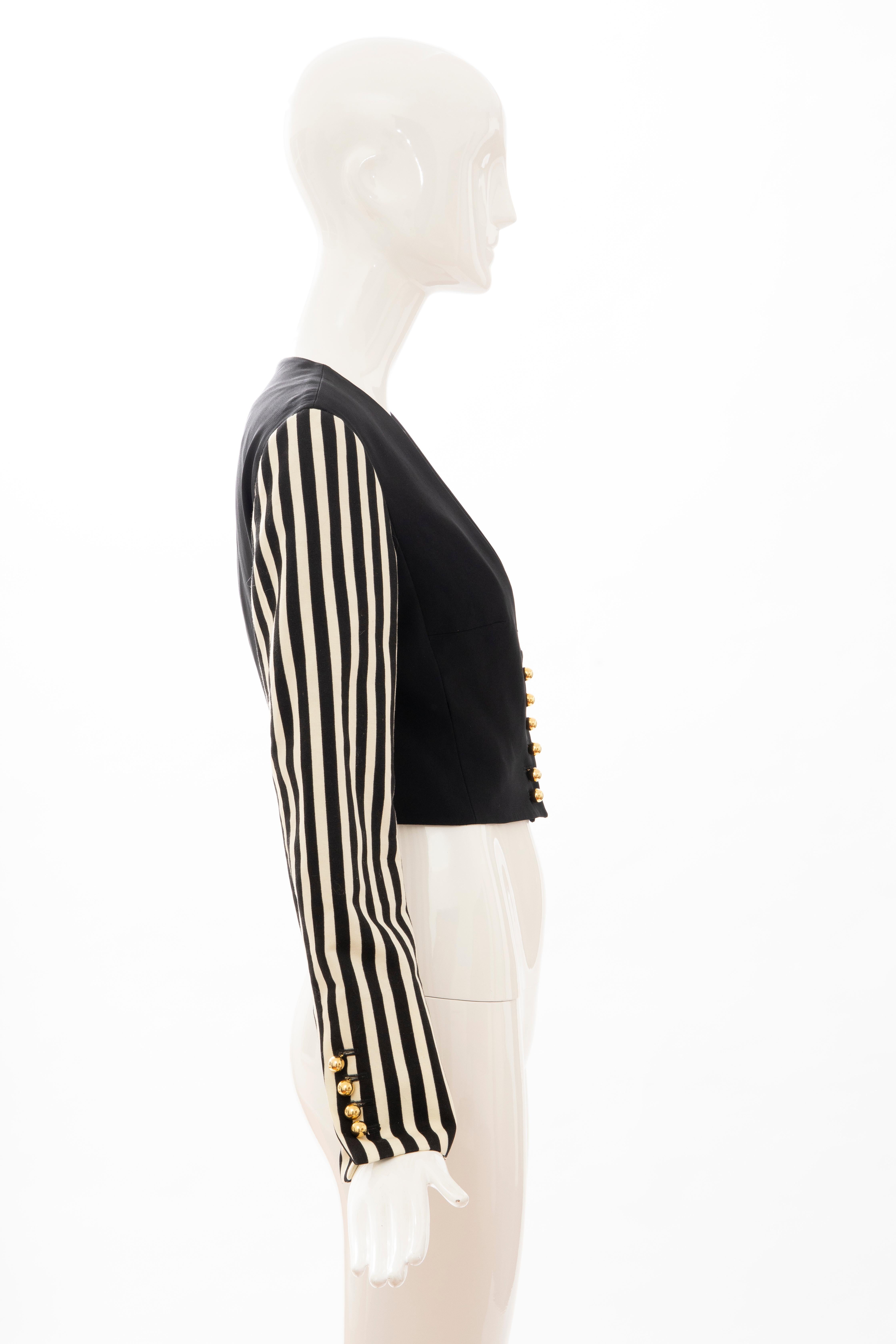 Moschino Couture Black Cropped Button Front Jacket Striped Sleeves, Circa: 1994 In Good Condition For Sale In Cincinnati, OH