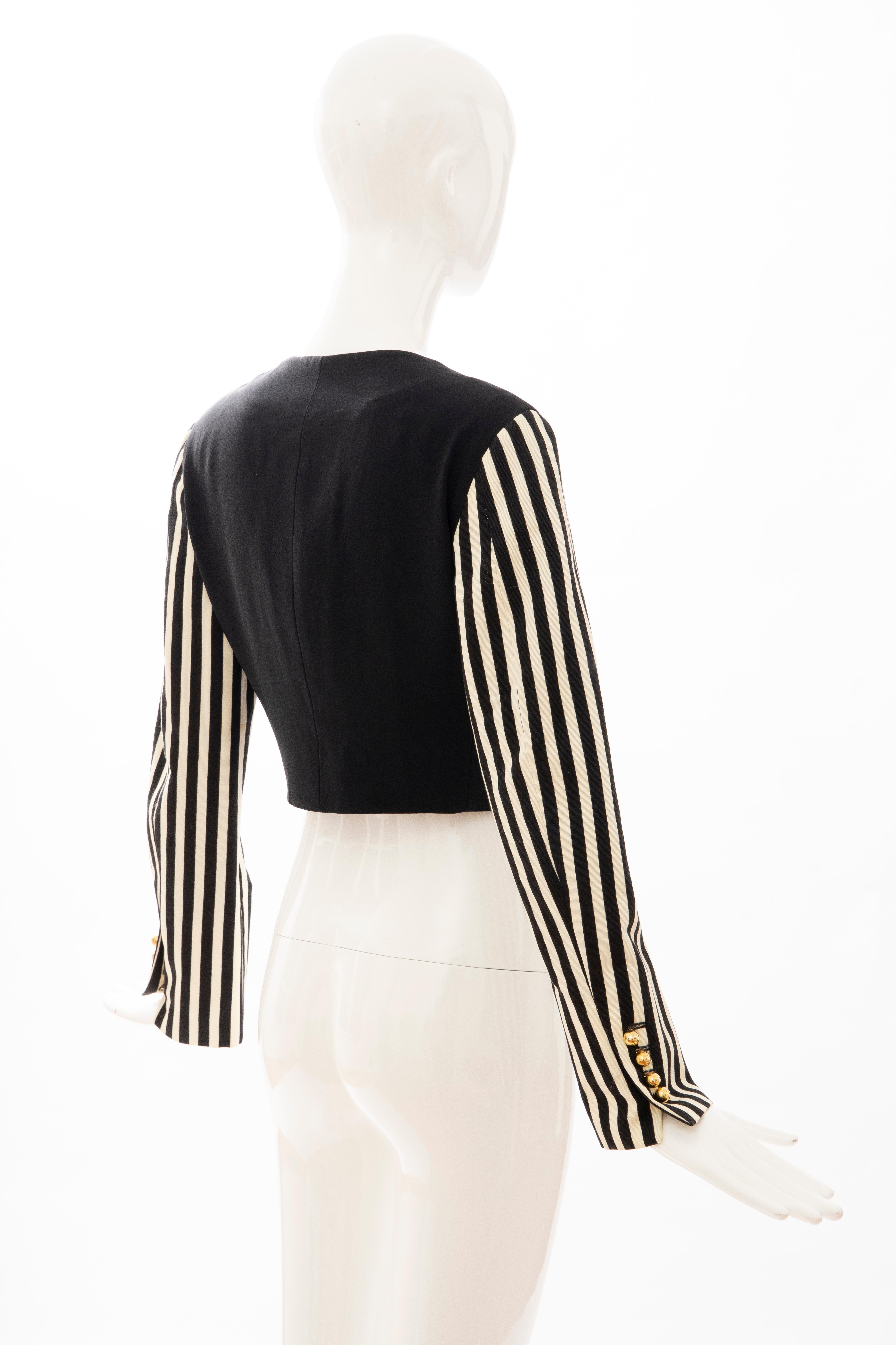 Women's Moschino Couture Black Cropped Button Front Jacket Striped Sleeves, Circa: 1994 For Sale