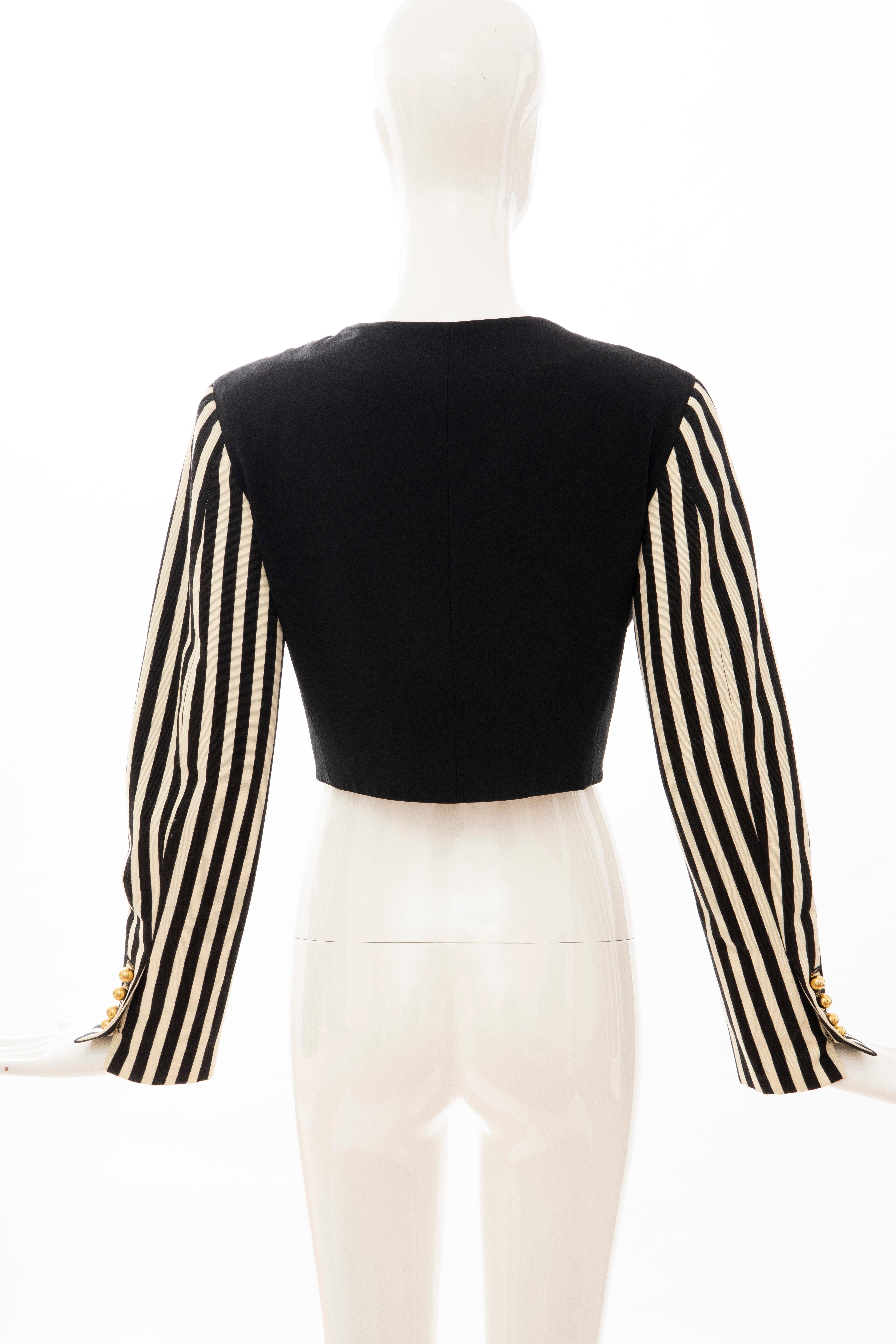 Moschino Couture Black Cropped Button Front Jacket Striped Sleeves, Circa: 1994 For Sale 1