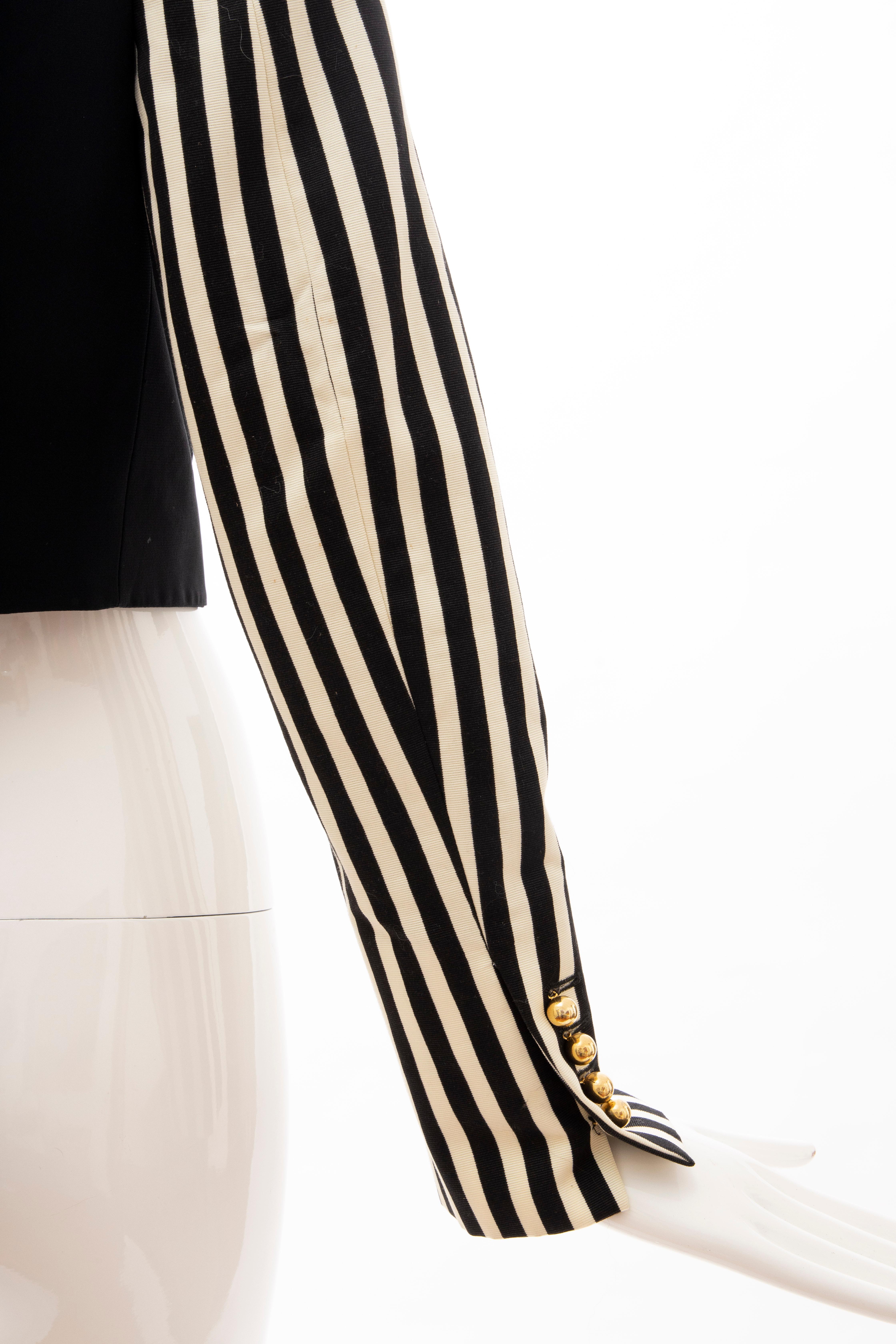 Moschino Couture Black Cropped Button Front Jacket Striped Sleeves, Circa: 1994 For Sale 2