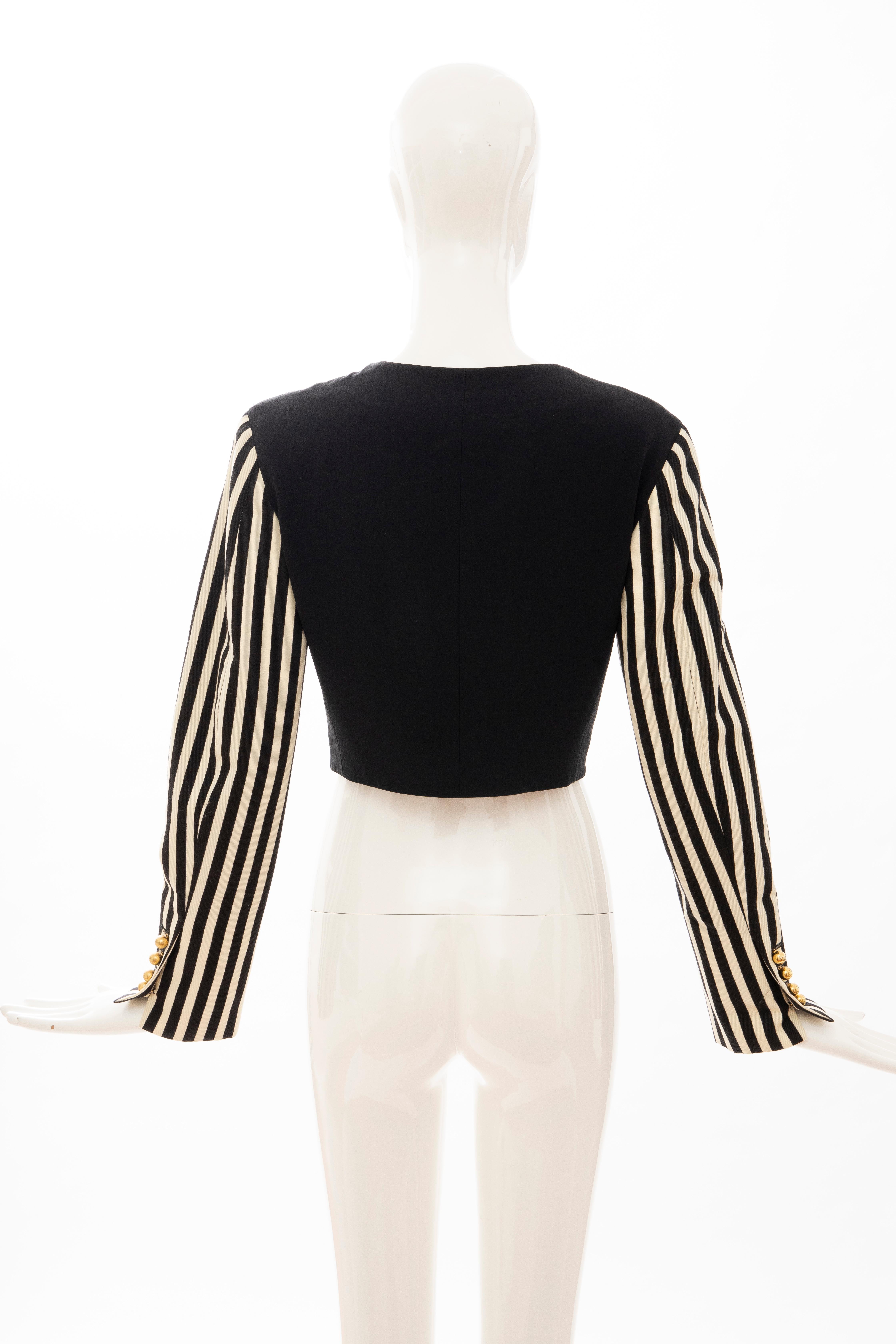 Moschino Couture Black Cropped Button Front Jacket Striped Sleeves, Circa: 1994 For Sale 3