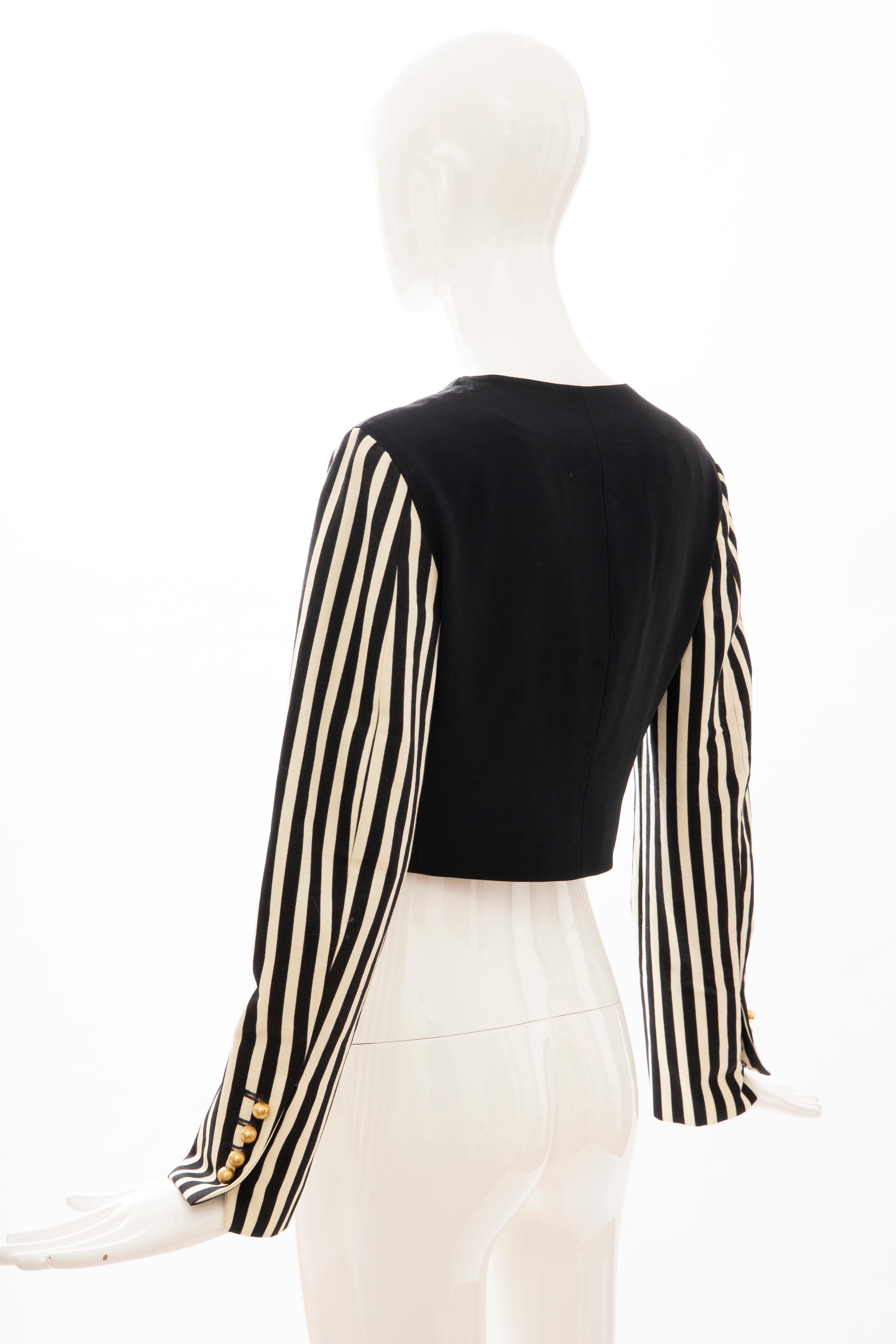 Moschino Couture Black Cropped Button Front Jacket Striped Sleeves, Circa: 1994 For Sale 4